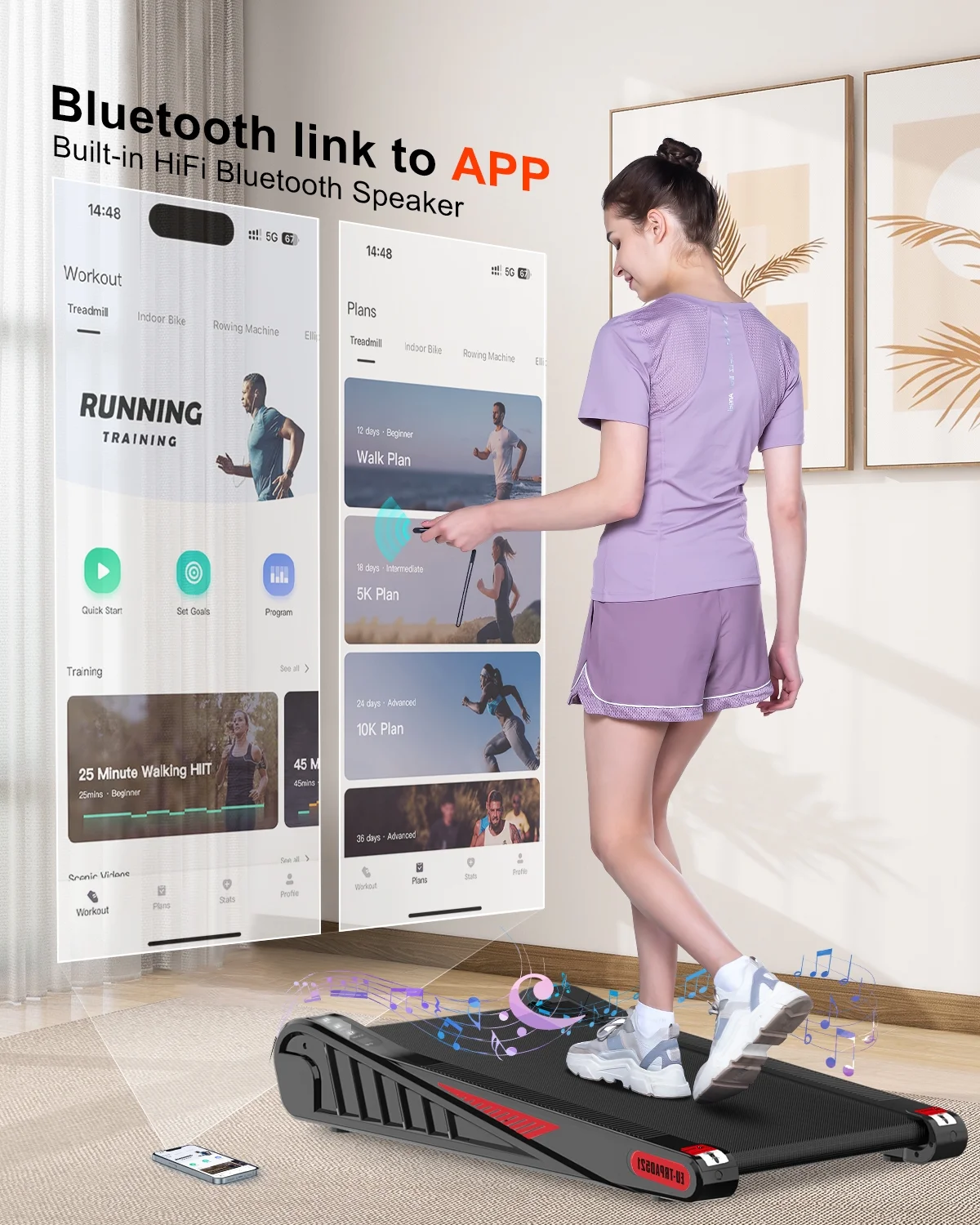 HomeFitnessCode Incline Walking Pad, Small Under Desk Treadmill with APP & Remote Control, Bluetooth Speaker, Small Treadmill for Home & Office, Black