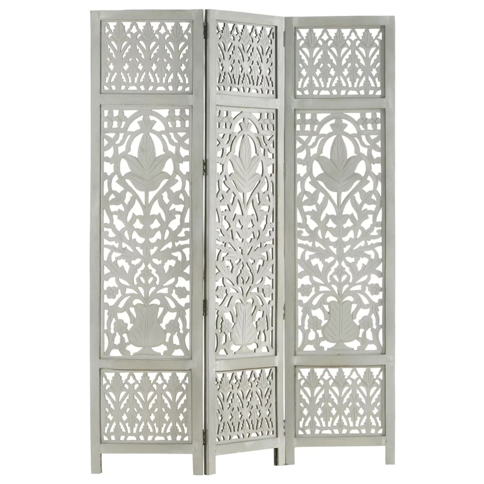 Uteam 3-Panel Room Divider Hand Carved Solid Mango Wood Gray 47.2x65