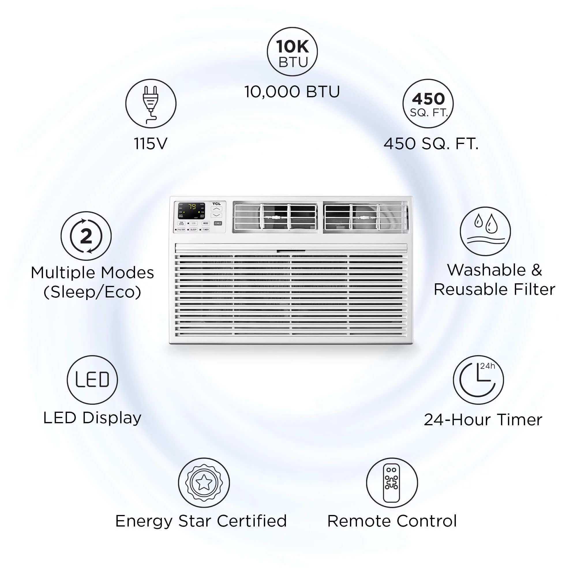 TCL Smart 10,000 BTU Through-the-Wall Air Conditioner, 115V, E-Star, Remote Included, White, W10T9E1-A