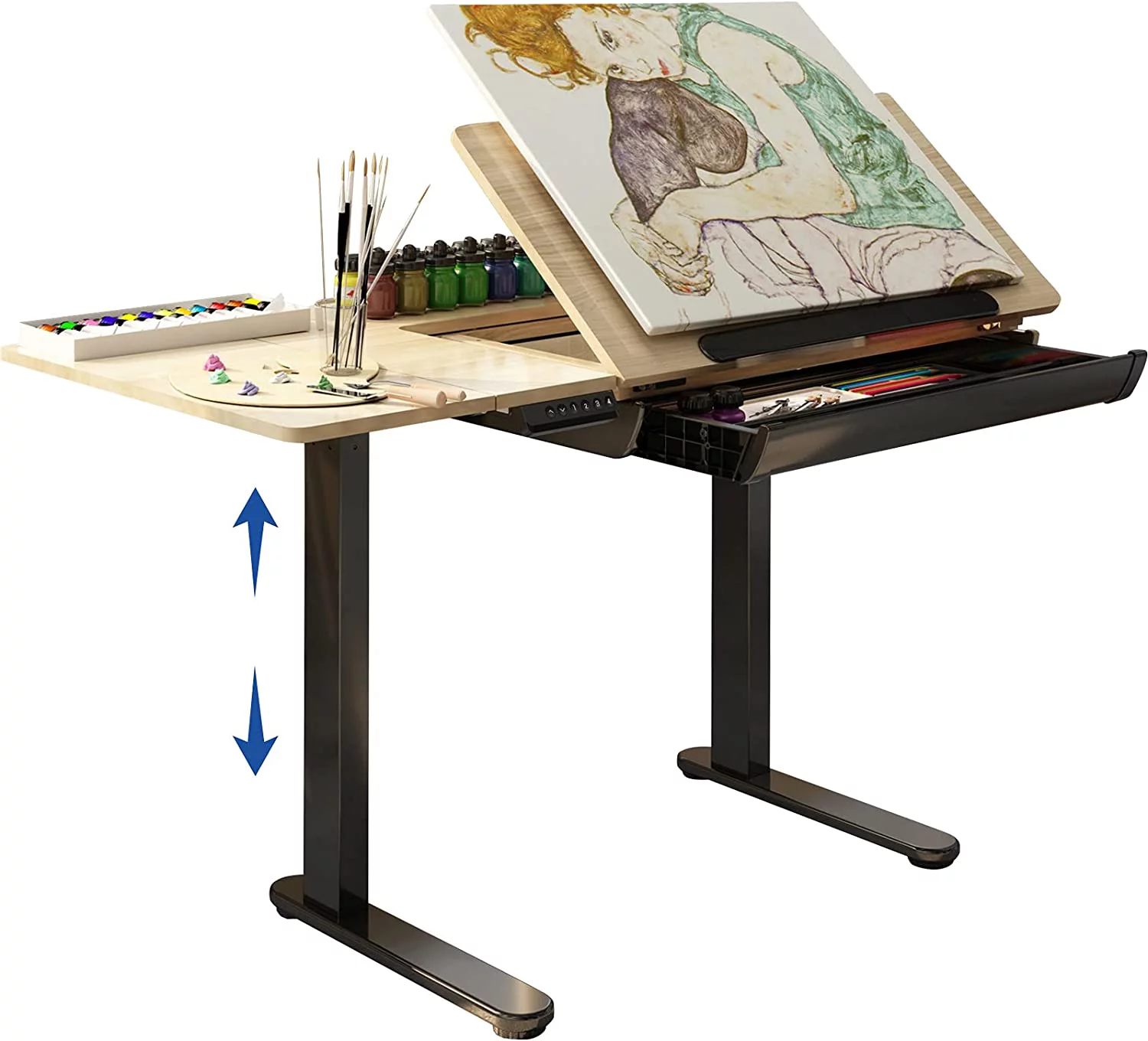 Comhar Adjustable Drafting Table, Electric Standing Desk with Storage Drawers for Writing Drawing Crafting Working, 47.2