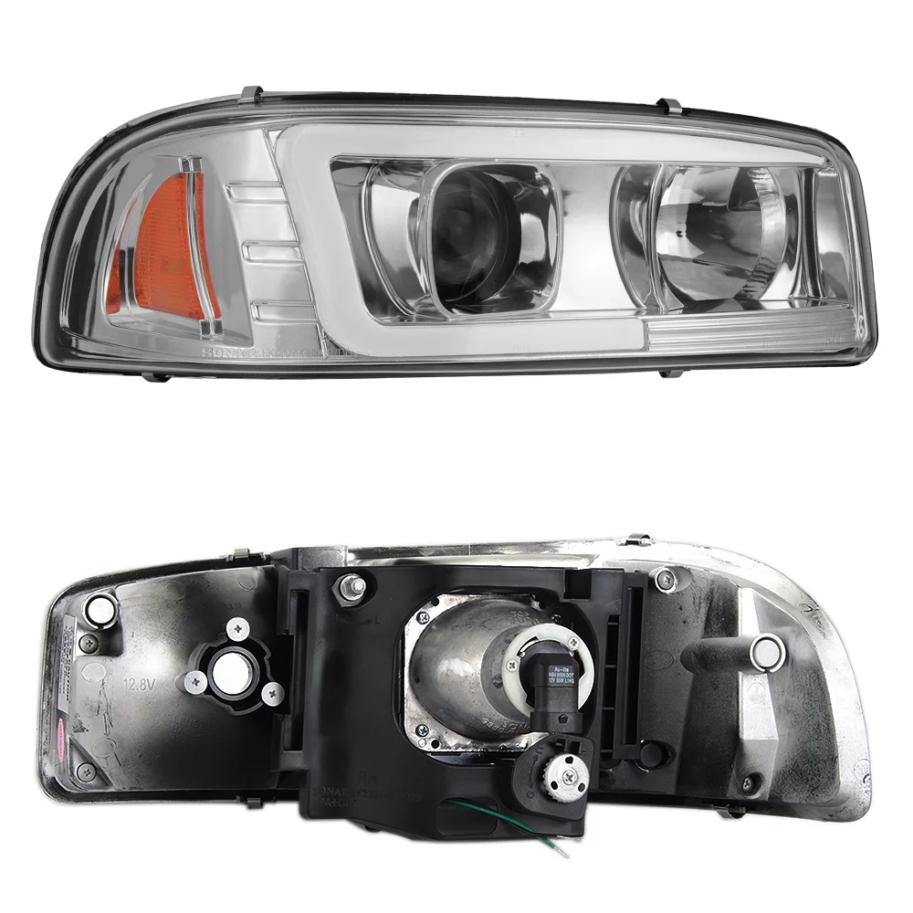 AKKON - For 99-06 GMC Sierra 1500 2500HD 3500 C3 Yukon XL Chrome LED Tube Projector Headlights + LED Bumper Lamp Pair