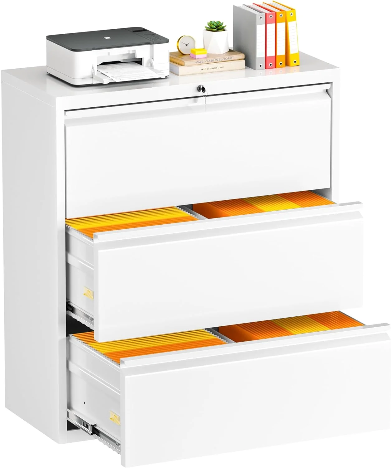 White File Cabinet 3 Drawer, Metal Lateral Filing Cabinet with Lock, Locking White Horizontal Cabinet with Adjustable Frame for Home Office