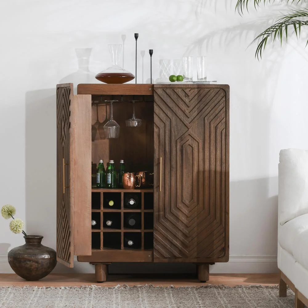 Classic Home Holmes Mango Wood Carved Bar Cabinet in Brown