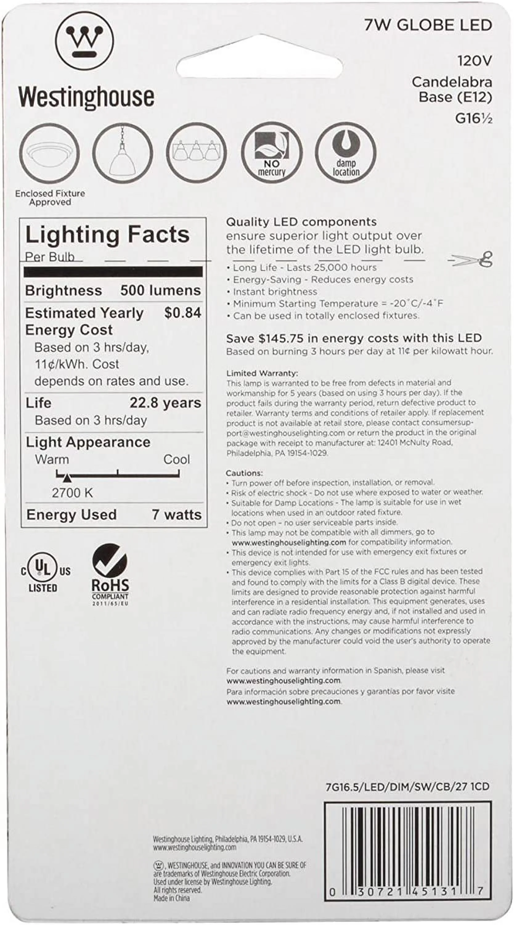Westinghouse Lighting 4513100 60-Watt Equivalent G16-1/2 Dimmable Soft White LED Light Bulb with Candelabra Base