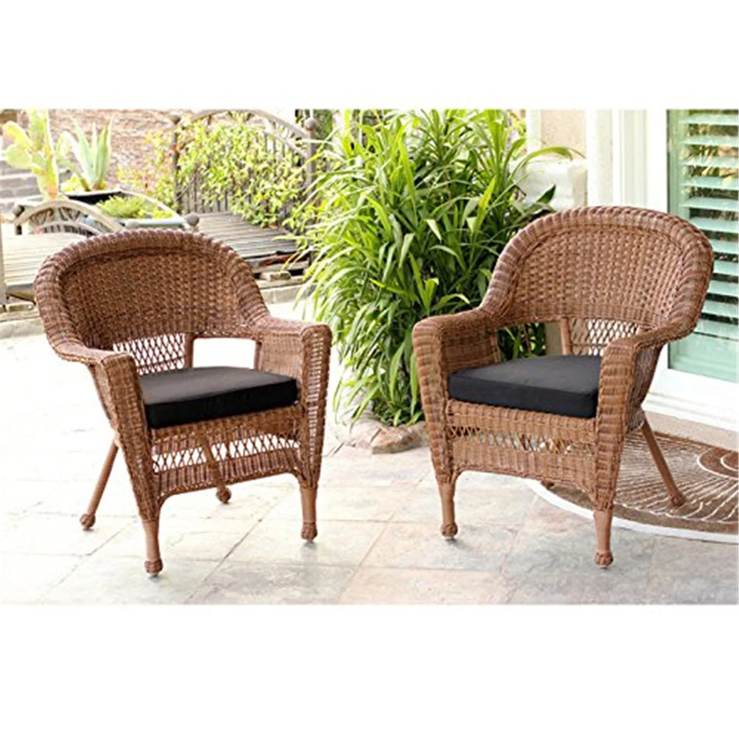 Honey Wicker Chair with Black Cushion - Set of 4