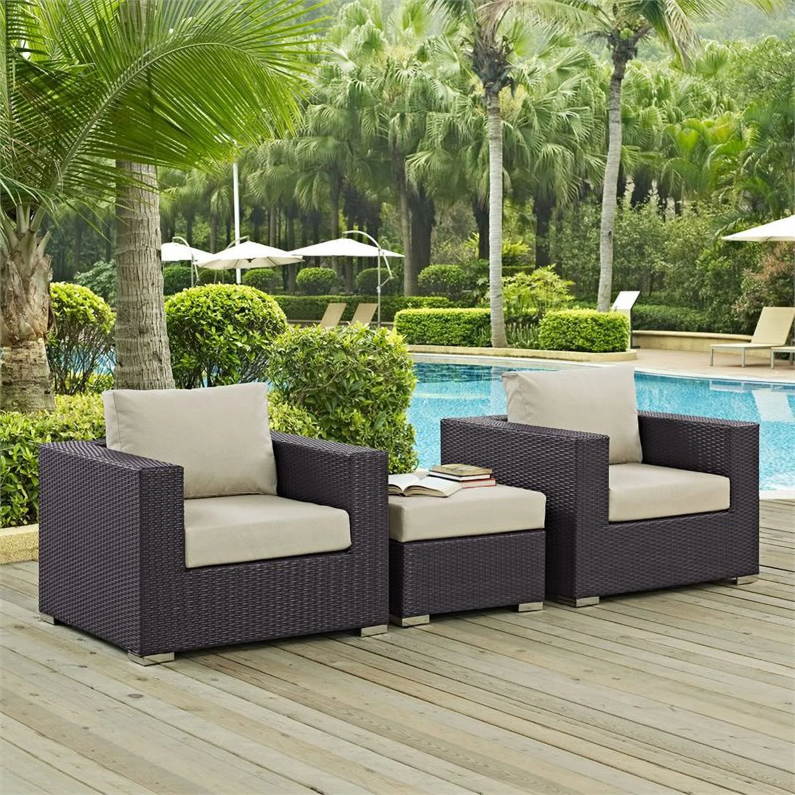 Afuera Living 3-Piece Aluminum and Rattan Patio Sofa Set in Beige / Espresso