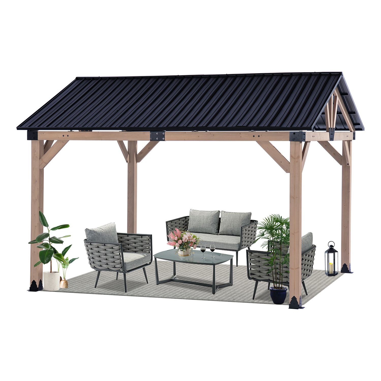 HEAVDUTY 10x12 FT Wood Gazebo Outdoor – Hardtop Metal Roof Gazebo with Cedar Frame – Patio Gazebo for Wood Carport Use – Gable Roof Pavilion Gazebo para Patio, Backyard, Deck, Lawn and Garden