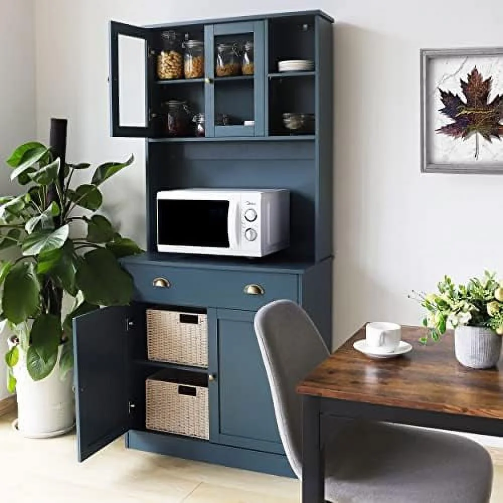 SQSFCB 72'' Kitchen Pantry Cabinet  Hutch with Microwave Stand  Freestanding Pantry Buffet Cabinet with Adjustable Shelves  Cupboard and Drawer for Home  Black