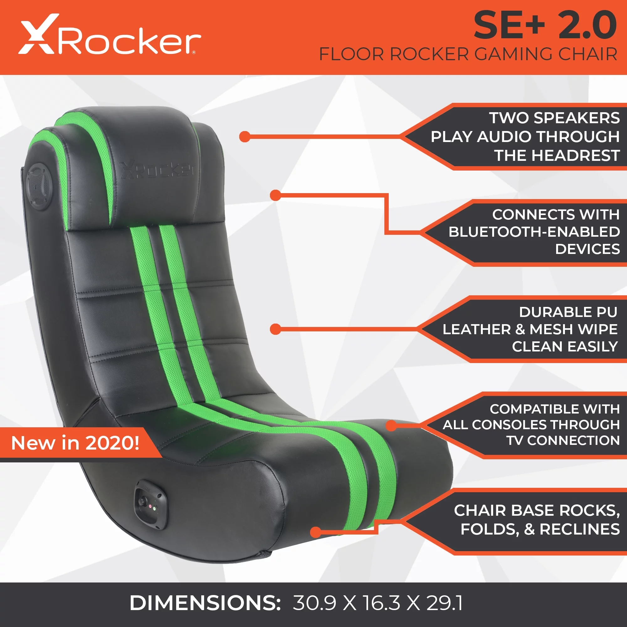 X Rocker SE+ 2.0 Bluetooth Audio Foldable Rocking Video Gaming Chair with 2 Speakers, Gray/Black Leather and Mesh
