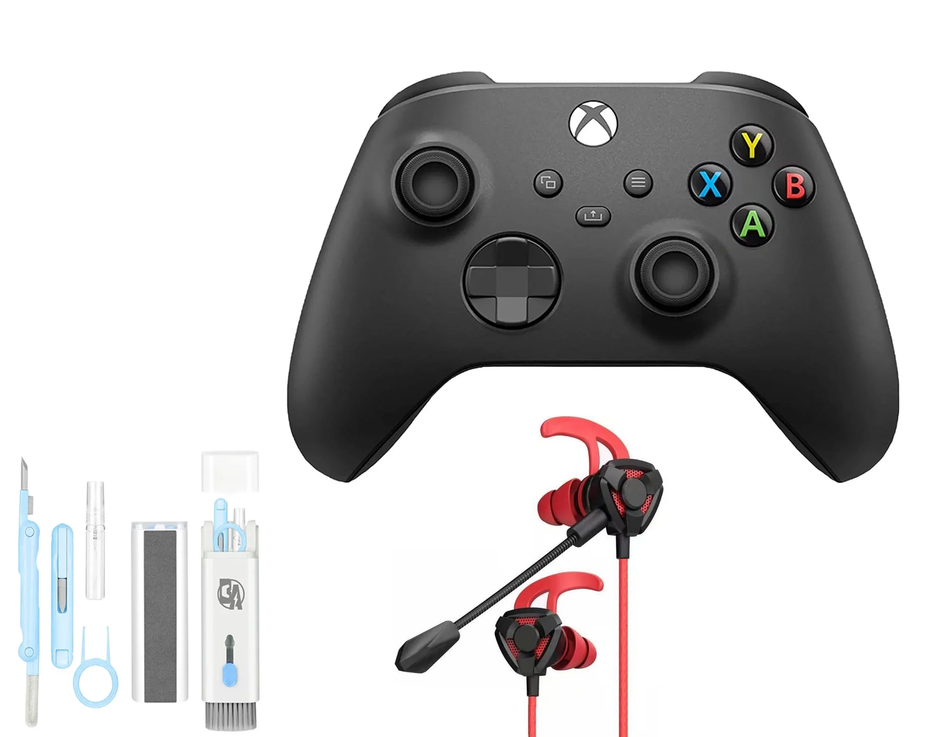 Microsoft Xbox Wireless Carbon Black Controller for Xbox Console + Wired Earbuds With Cleaning Kit BOLT AXTION Bundle Used