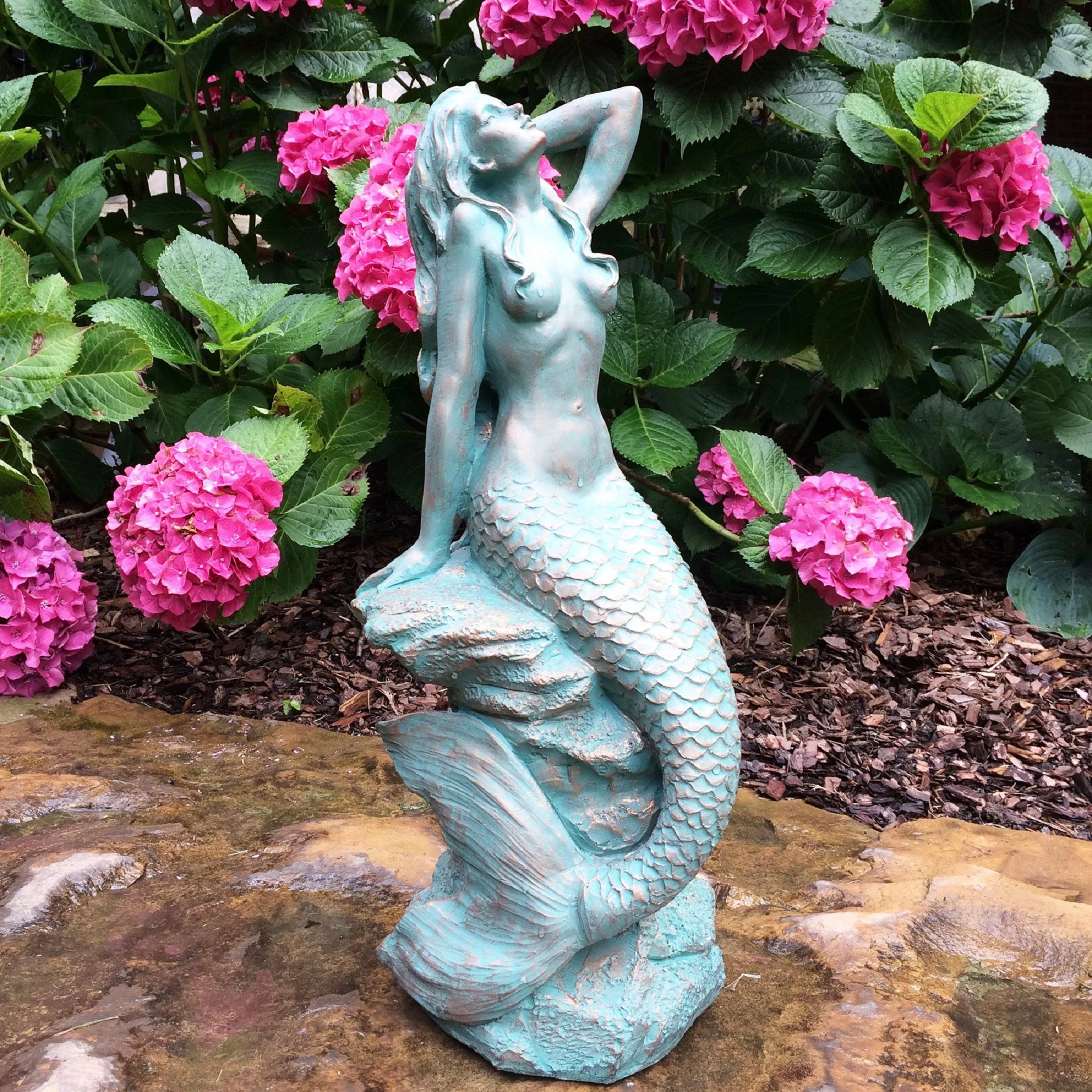 Homestyles 20 in. Bronze Patina Sexy Mermaid Sitting on Coastal Rock Beach Nautical Extra Large Statue