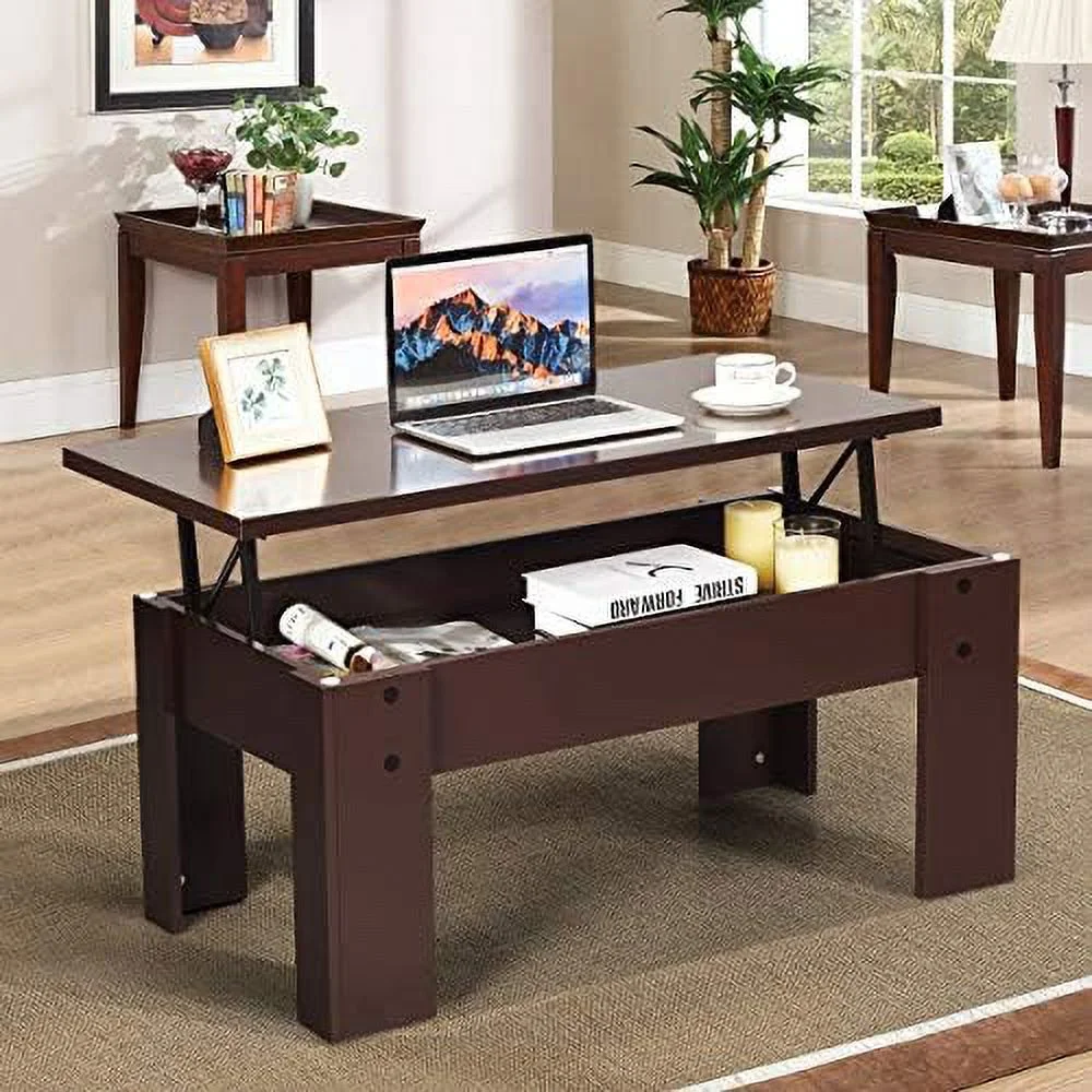 TJUNBOLIFE Wood Lift Top Coffee Table  Pop-Up Cocktail Table with Hidden  Compartment  Sofa Center Table for Living Room/Brown