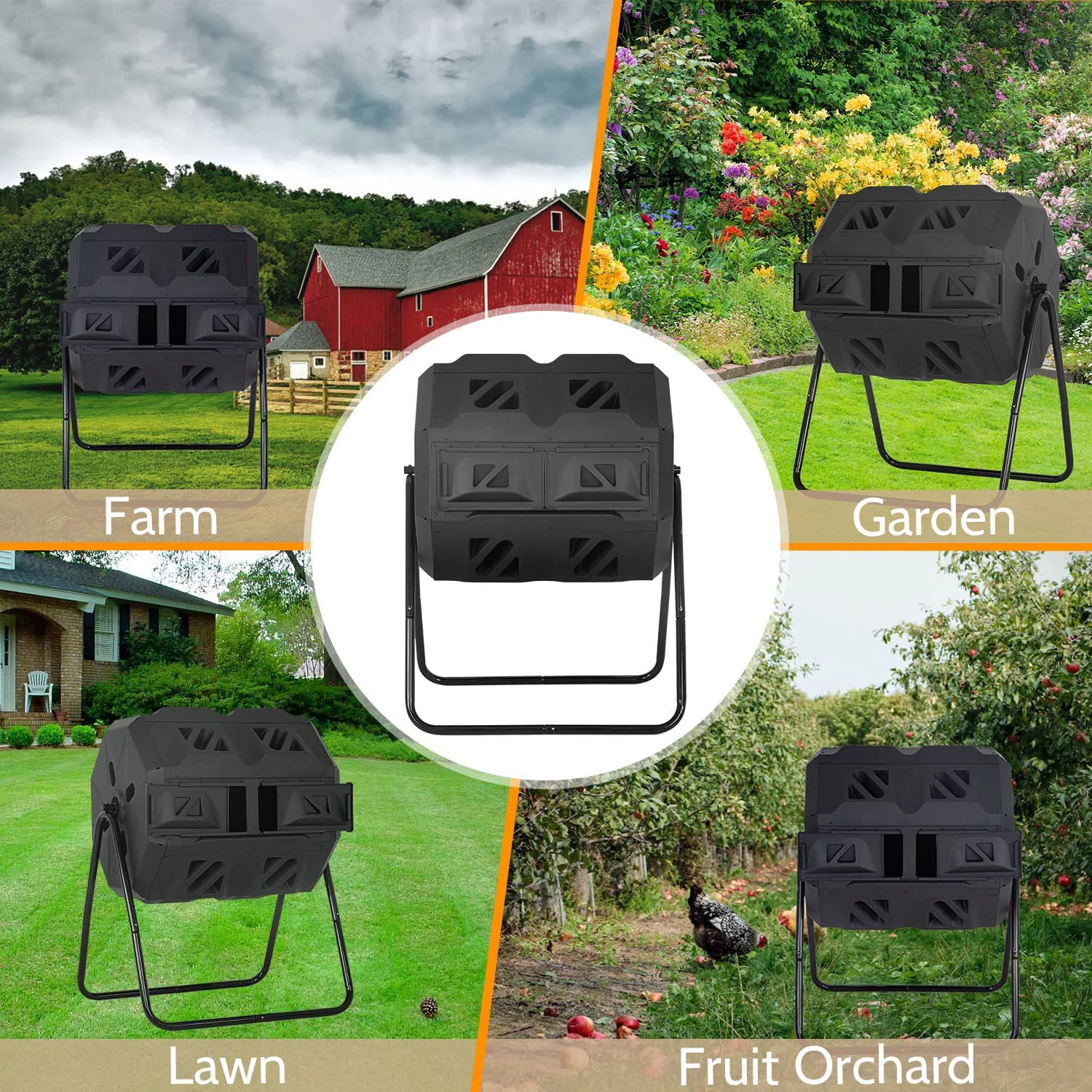 NiamVelo 43 Gallon Durable Tumbling Compost Bin Outdoor Compost Tumbler Bucket with Dual Rotating Chamber, Black Door