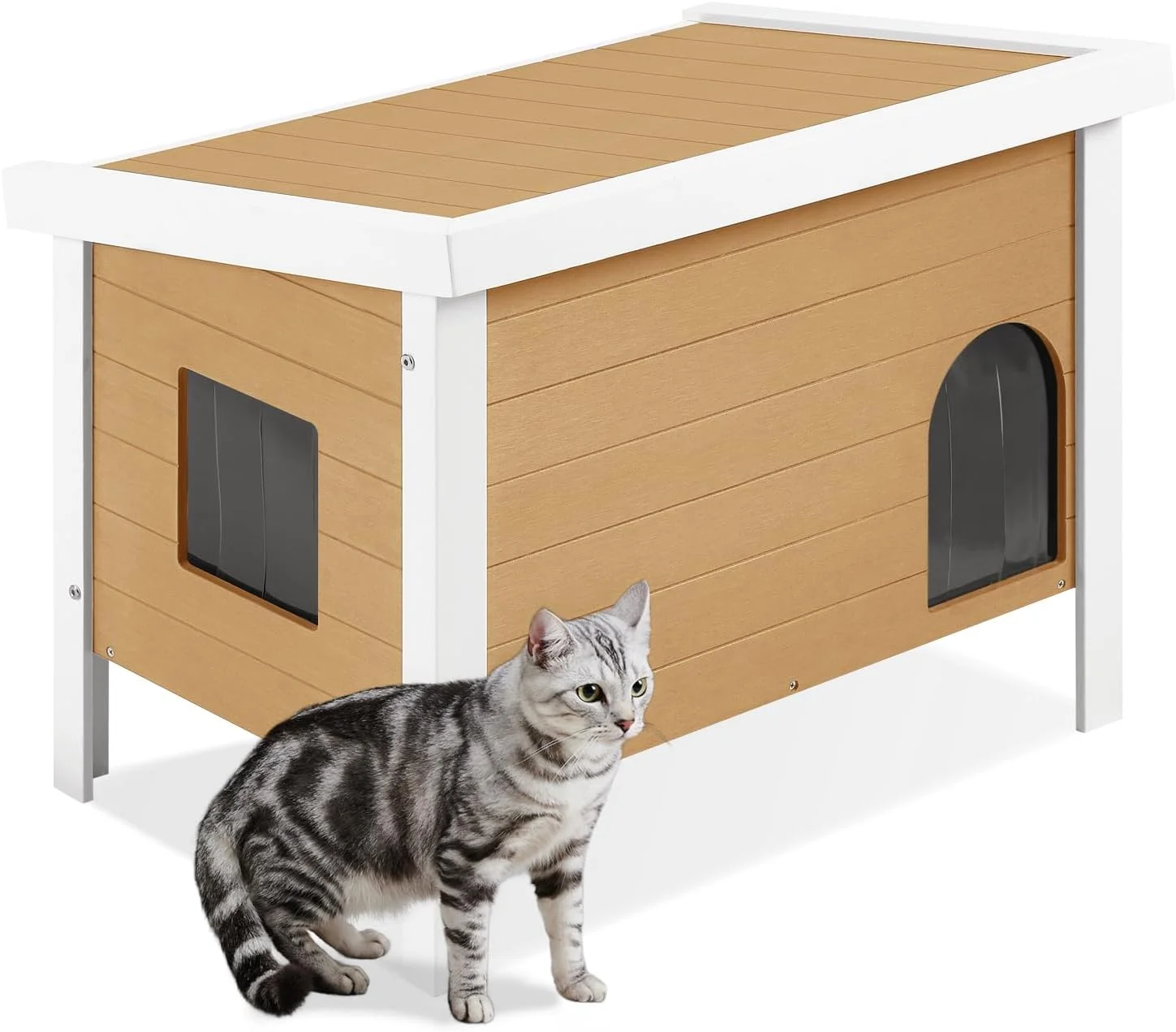 Efurden Insulated Outdoor Cat House with Escape Door, PS Material Weatherproof Cat House for Outdoor Cats, Elevated Feral Cat Shelter with Openable Roof, Teak