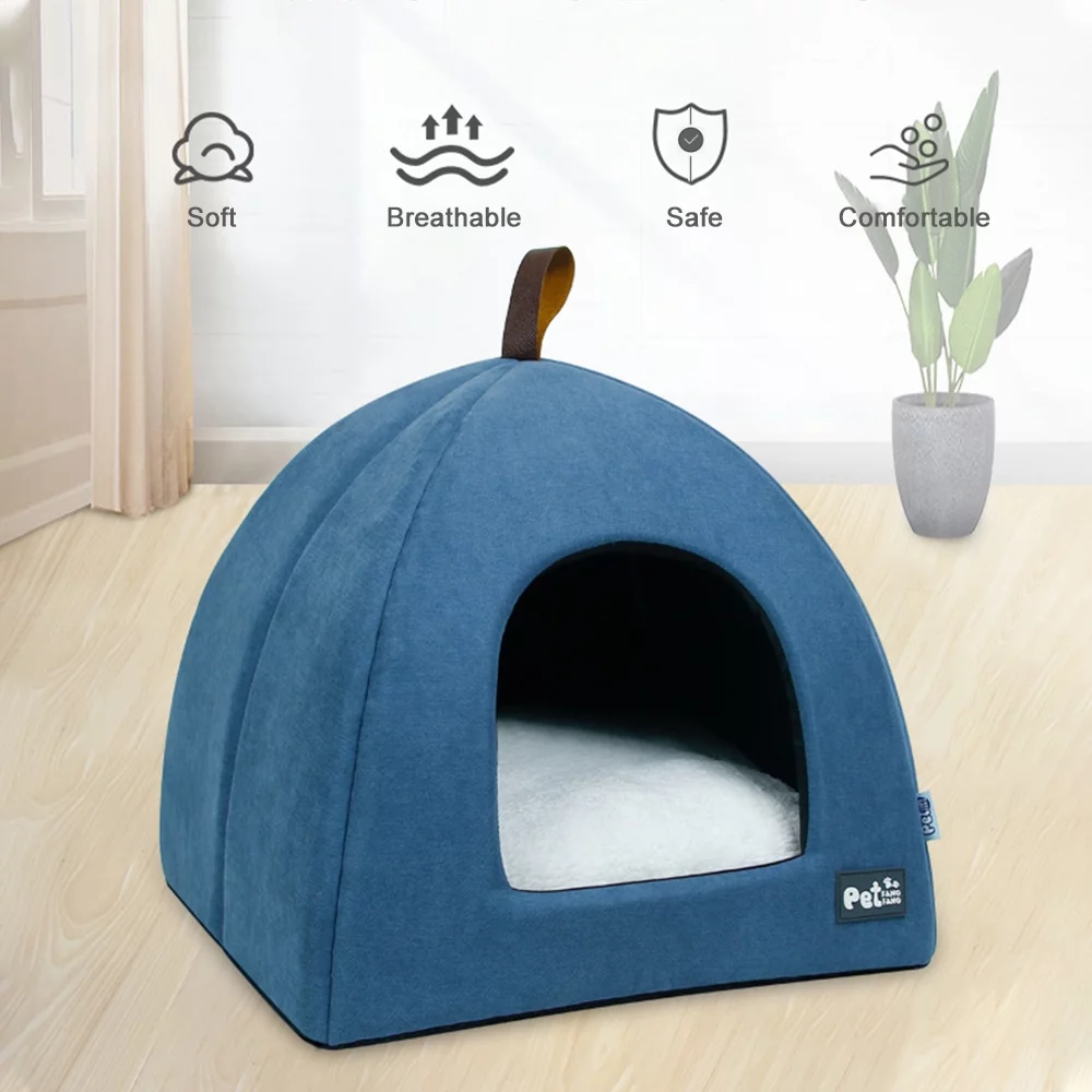 Andoer Foldable Cat Bed Breathable Cat House Indoor Tent Dog Bed with Mat (Blue, Size M)