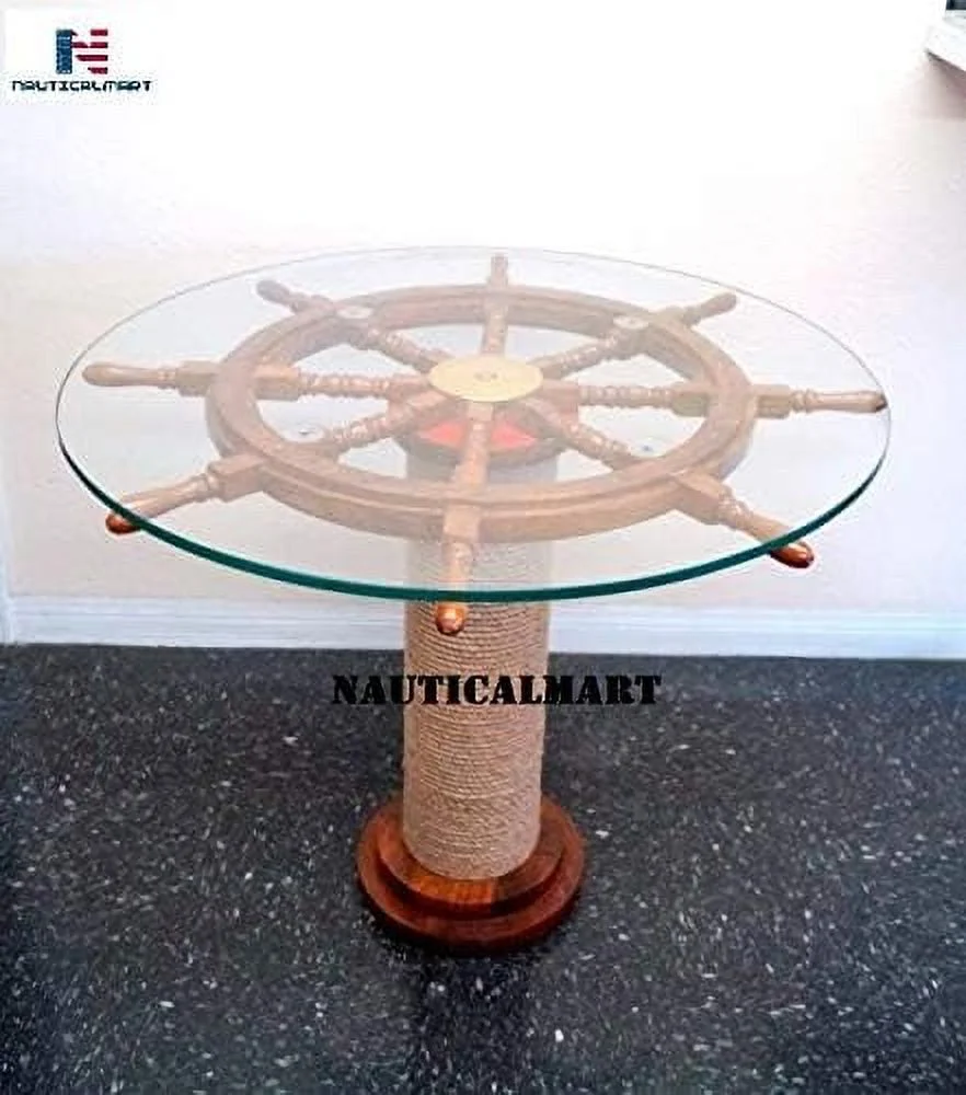 Authentic Wood Crafted Coffee Table with Thick Glass Top | Maritime Ship Wheel Tables with Rope Pillar (30 Inches)