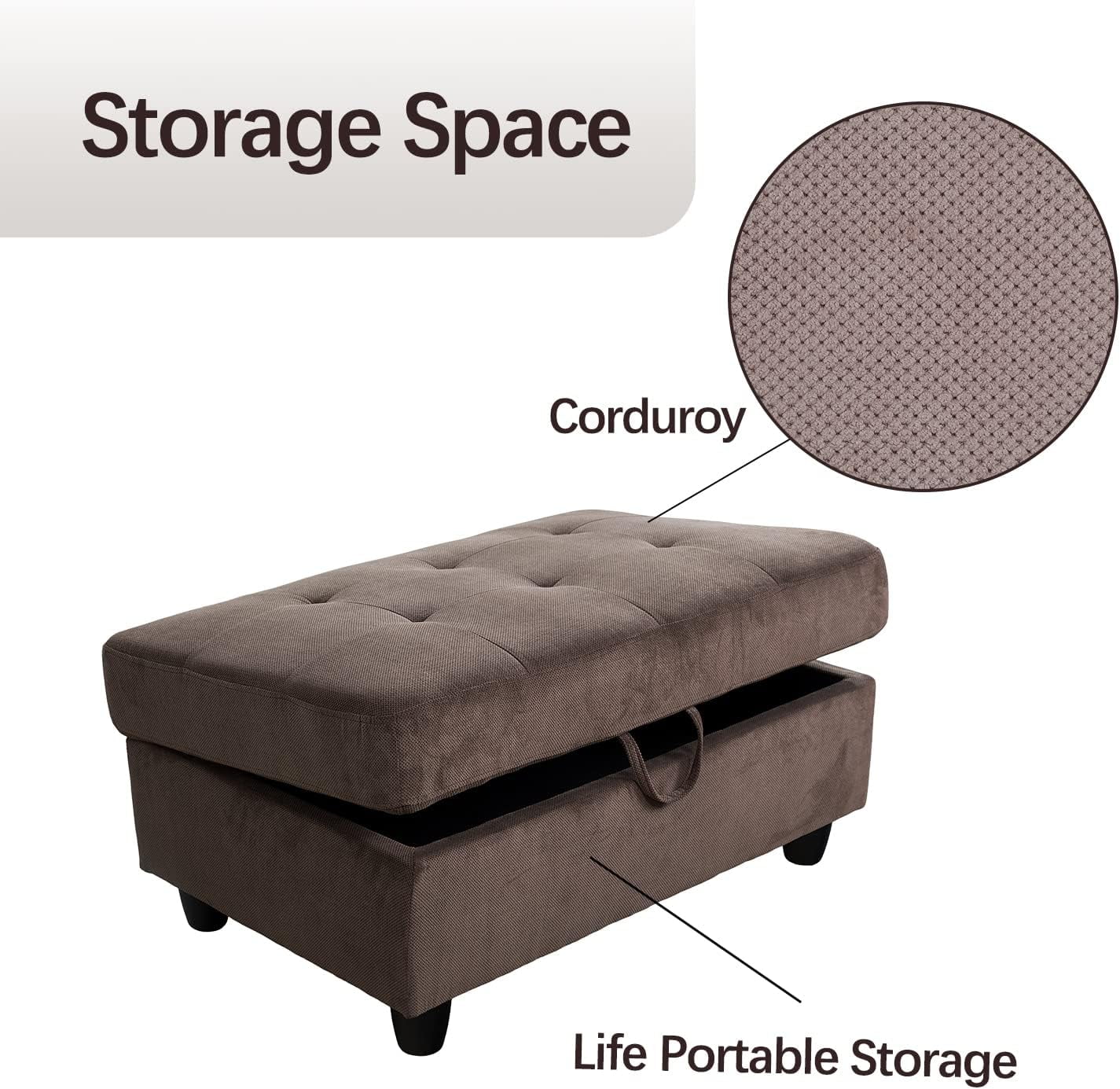 Ponliving Furniture_Corduroy L Shape Sectional Sofa with Storage Ottoman, Espresso, Right Hand Facing Chaise