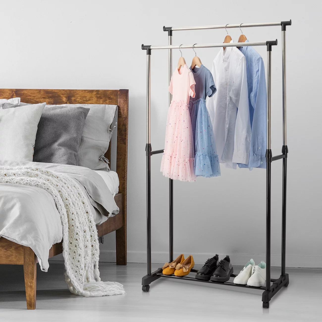 Ktaxon Adjustable Rolling Garment Rack Double Bar Hanger,Black & Silver