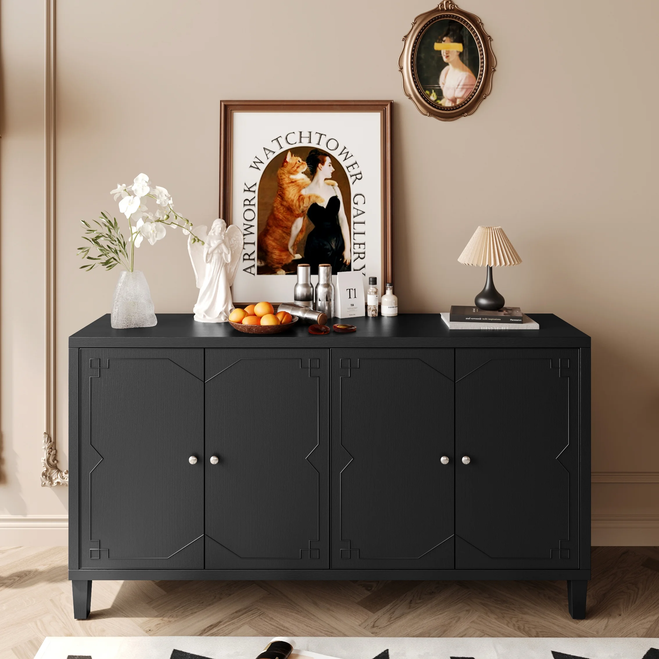 DeeHome Accent Cabinet 4 Door Wooden Cabinet Sideboard Buffet Server Cabinet Storage Cabinet, for Living Room, Entryway, Hallway, Office, Kitchen and Dining Room, Matte Black
