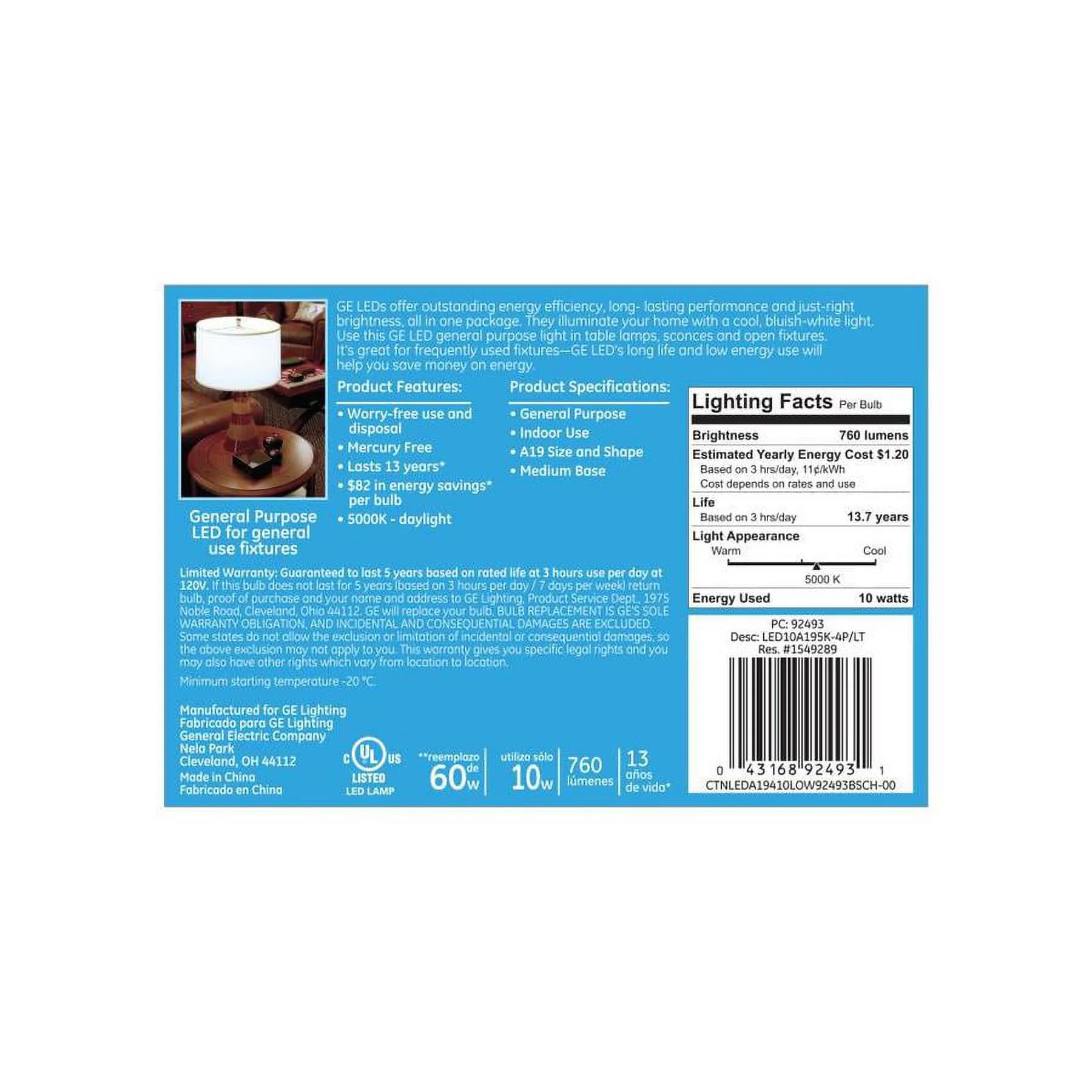 GE 4-Pack 60 W Equivalent Daylight A19 LED Light Fixture Light Bulb