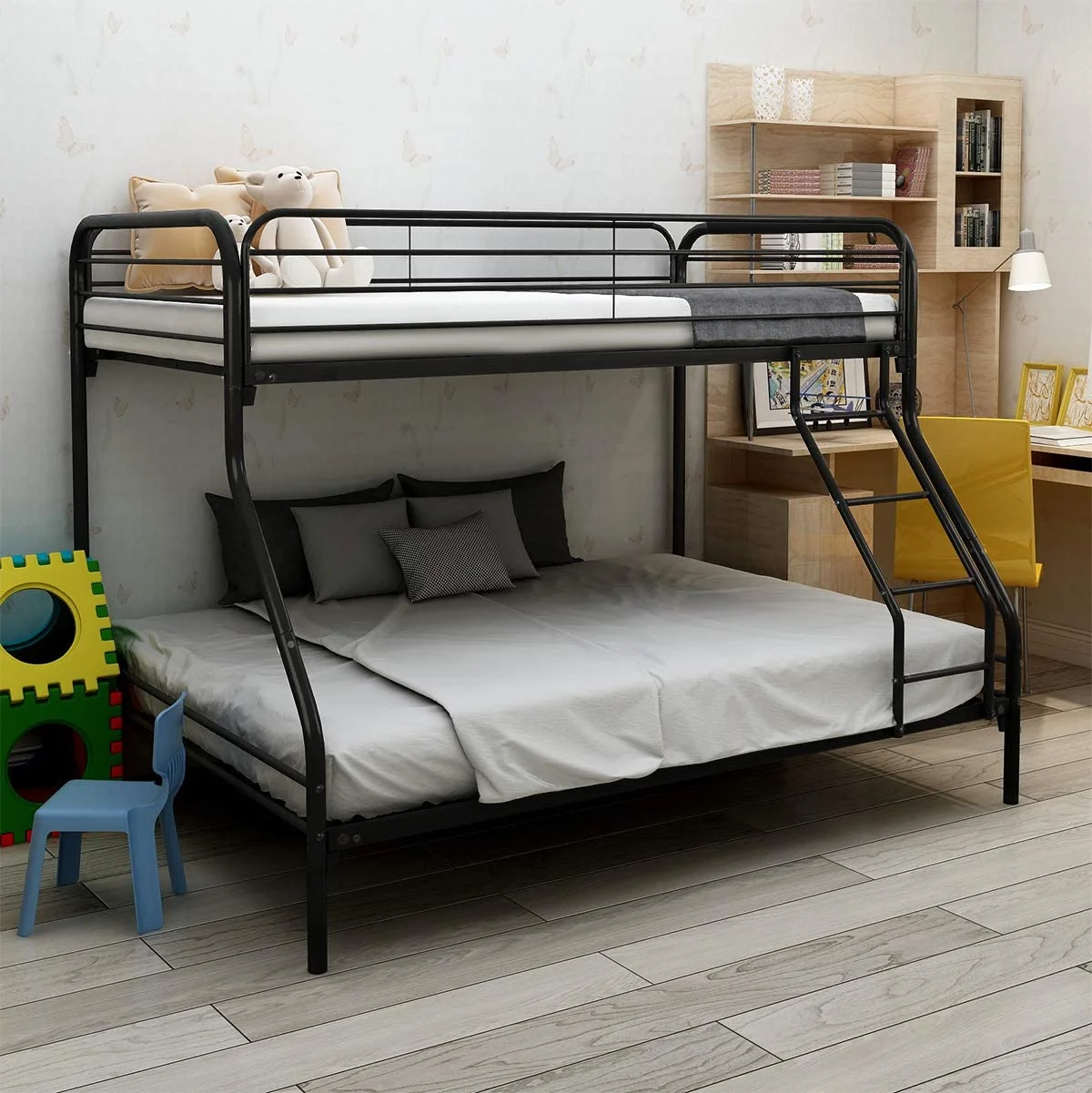 YANRUI Twin-Over-Full Bunk Bed with Metal Frame and Ladder,Black