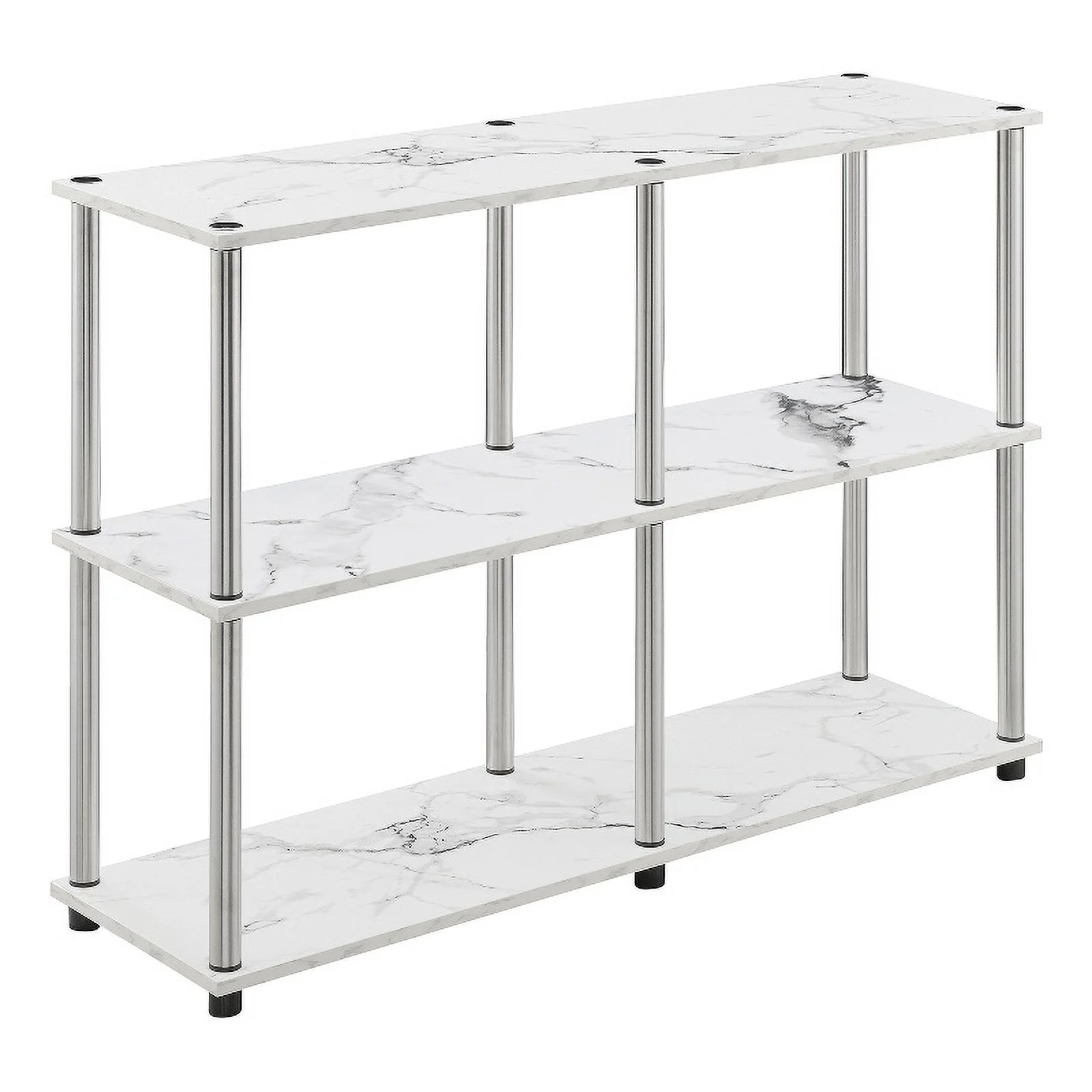 Pemberly Row No-Tools Console Table w/ Shelves in White Faux Marble Wood Finish