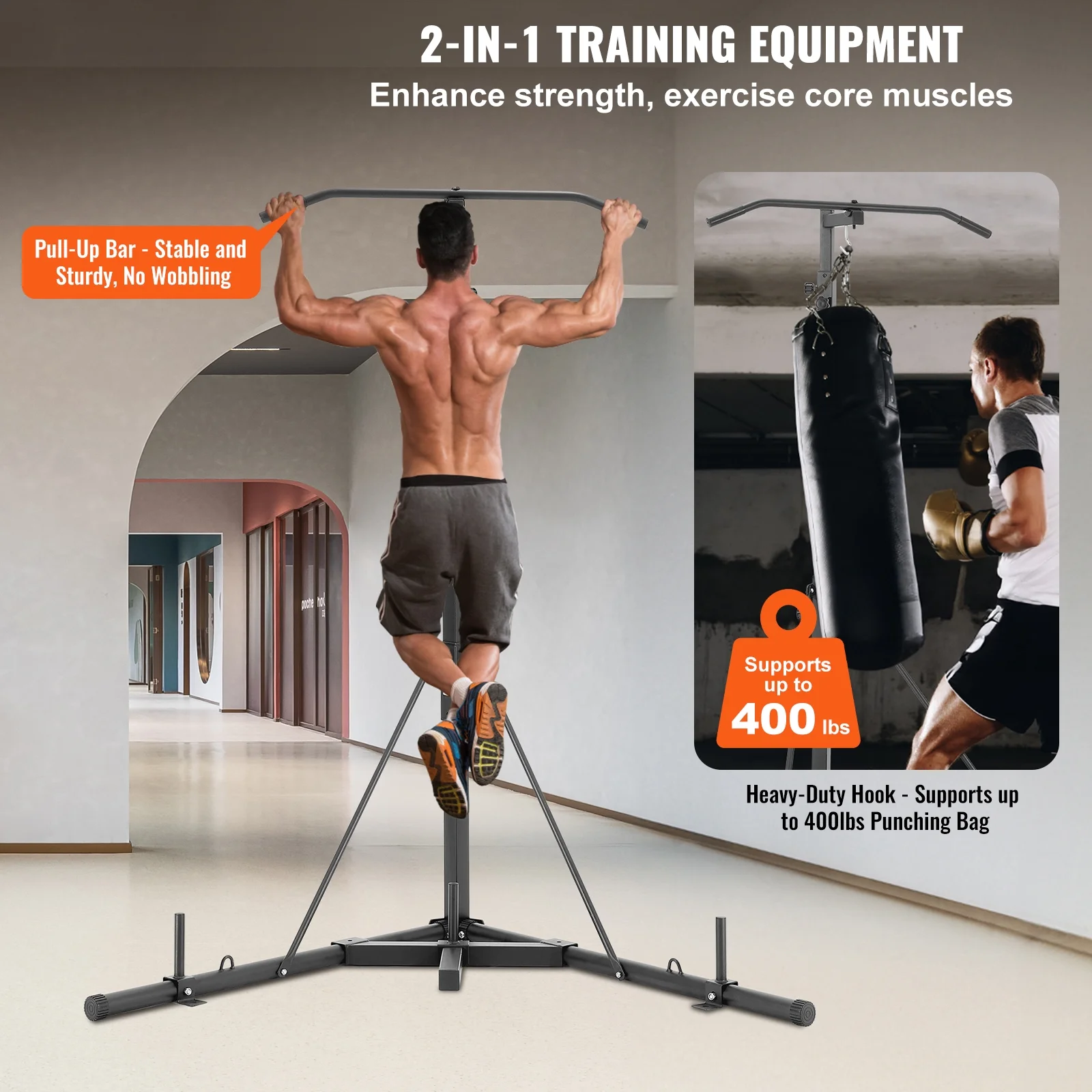 SKYSHALO 2 in 1 Freestanding Punching Bag Stand & Chin Pull Up Bar Stand Punching Bracket 400 lbs Capacity Adjustable Height Steel Sandbag Rack for Home Gym Fitness