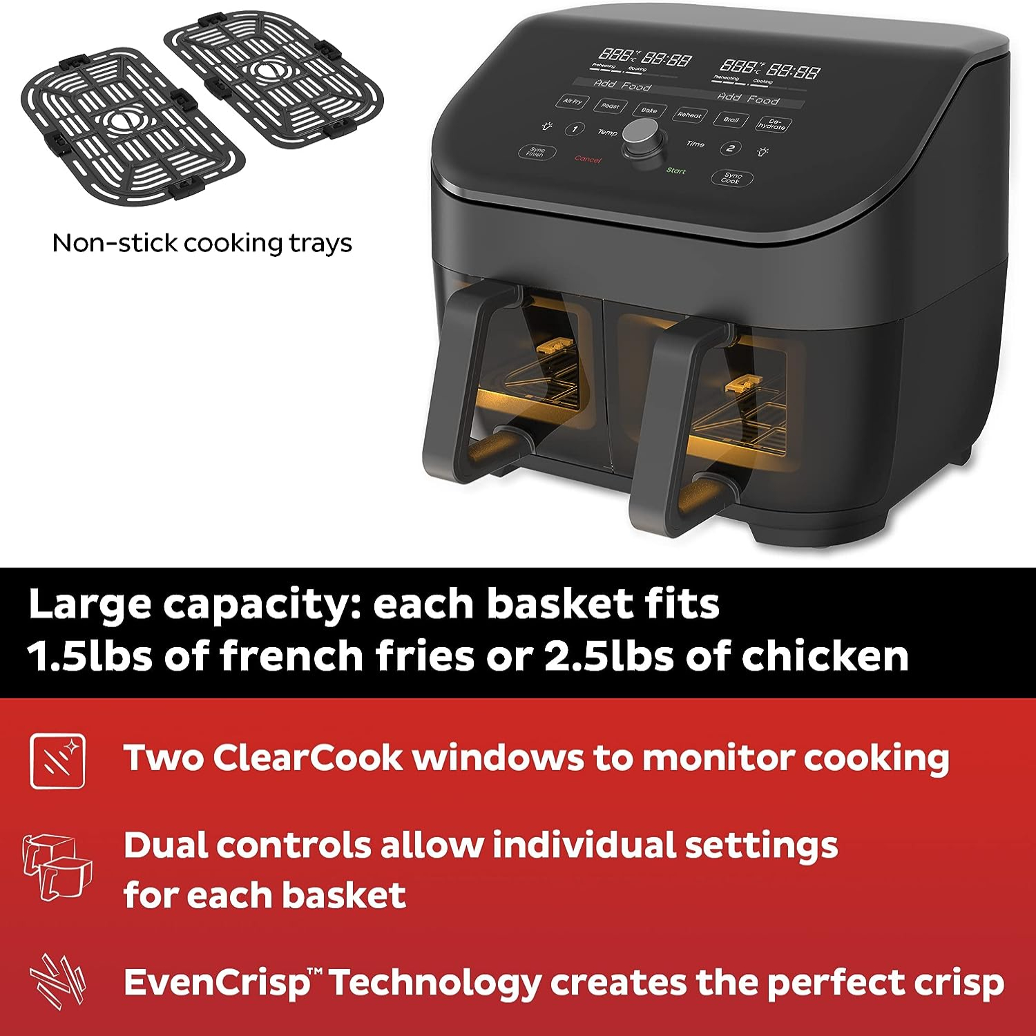 Vortex Plus XL 8QT ClearCook Air Fryer  Clear Windows  Custom Programming  8-in-1 Functions that Crisps  Broils  Roasts  Dehydrates  Bakes  Reheats  from the Makers of   Black