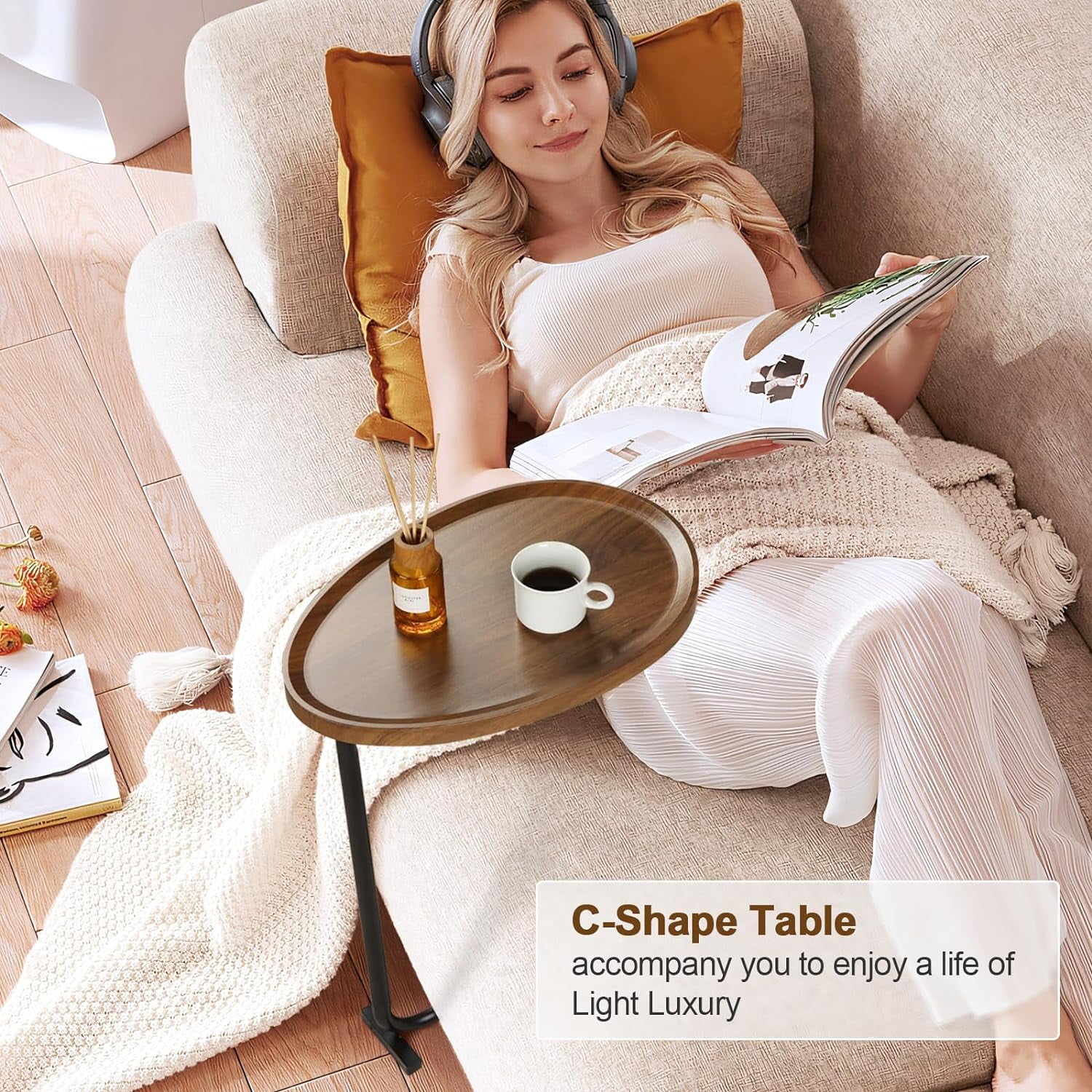 C Shaped Side Table Brown, Small C Table End Table for Sofa, Modern Side Table for Living Room Bedroom, Small Spaces Wooden Couch Tables That Slide Under