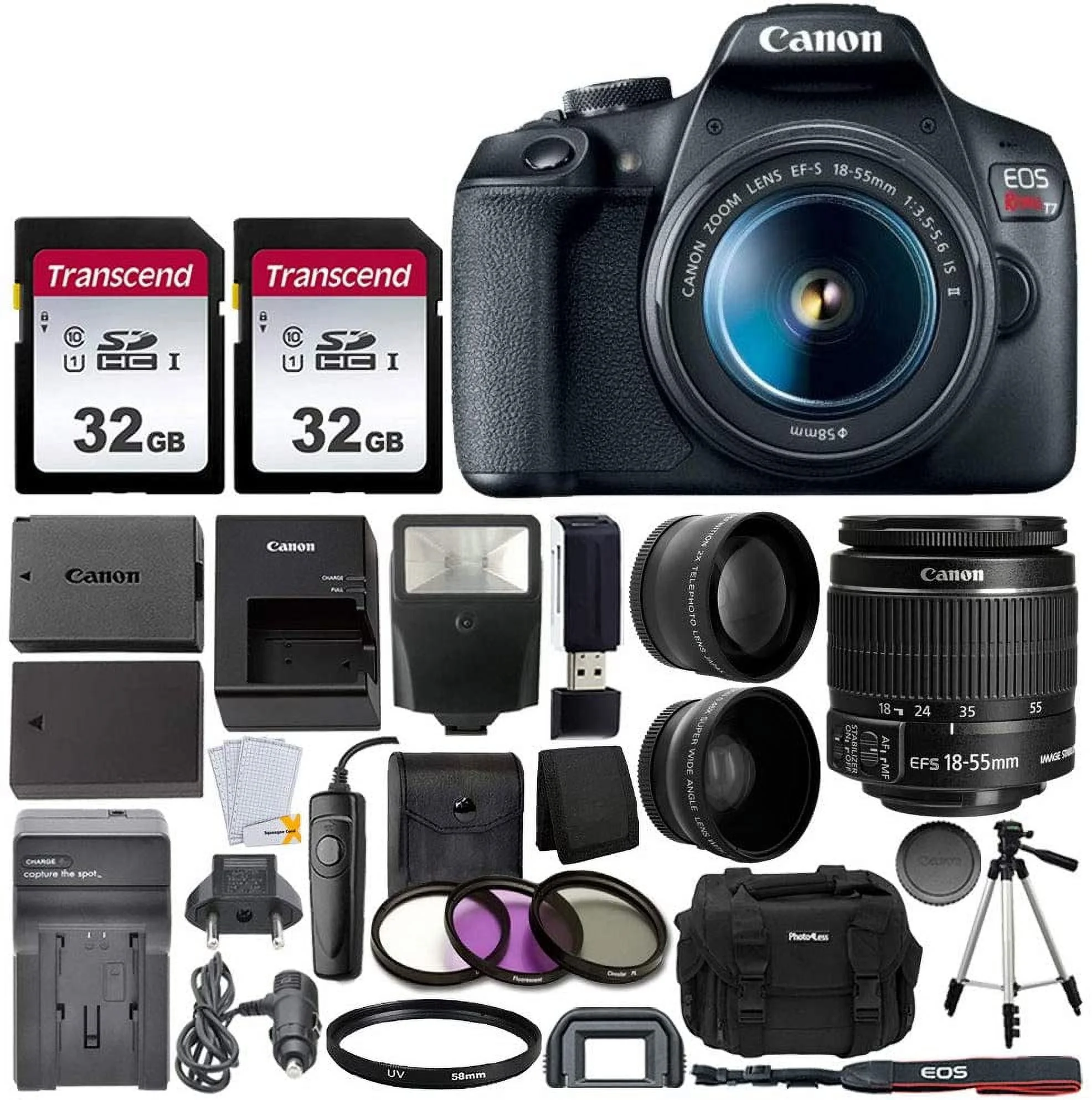 Canon EOS Rebel T7 Digital SLR Camera with EF-S 18-55mm f/3.5-5.6 is STM Lens + 64GB Memory Card + Wide Angle and Telephoto Lens + Video Tripod + Extra Battery and Charger + Remote + Slave Flash