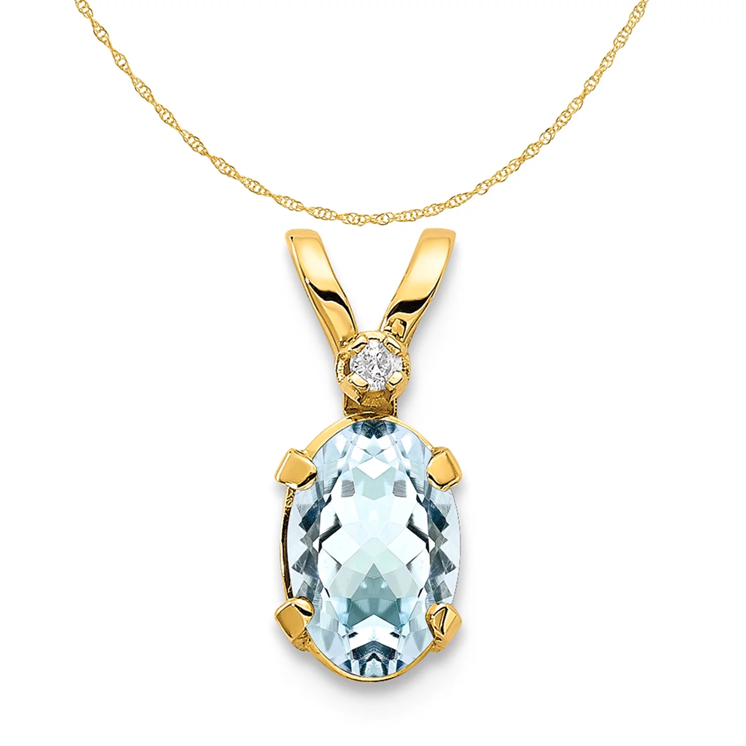Carat in Karats 14K Yellow Gold Diamond & Aquamarine Birthstone Pendant Charm (12mm x 4.5mm) With 14K Yellow Gold Lightweight Rope Chain Necklace 20''