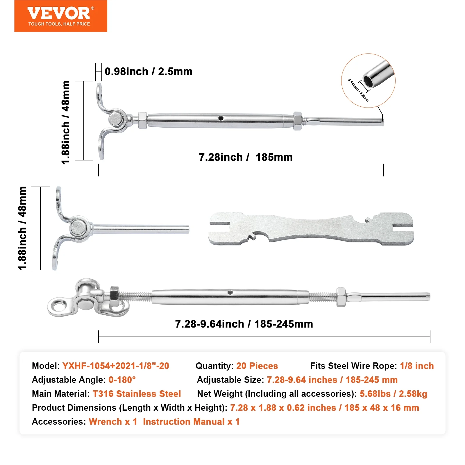 SKYSHALO 20 Pack T316 Stainless Steel Adjustable Angle 1/8