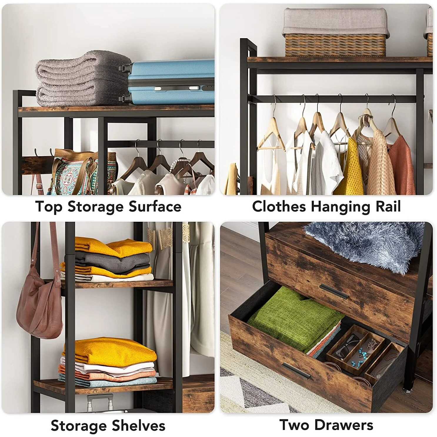 Freestanding Closet Organizer with 2 Drawers, Clothes Shelf Garment Rack with Shelves and Hanging Rod, Clothing Storage-Brown Brown