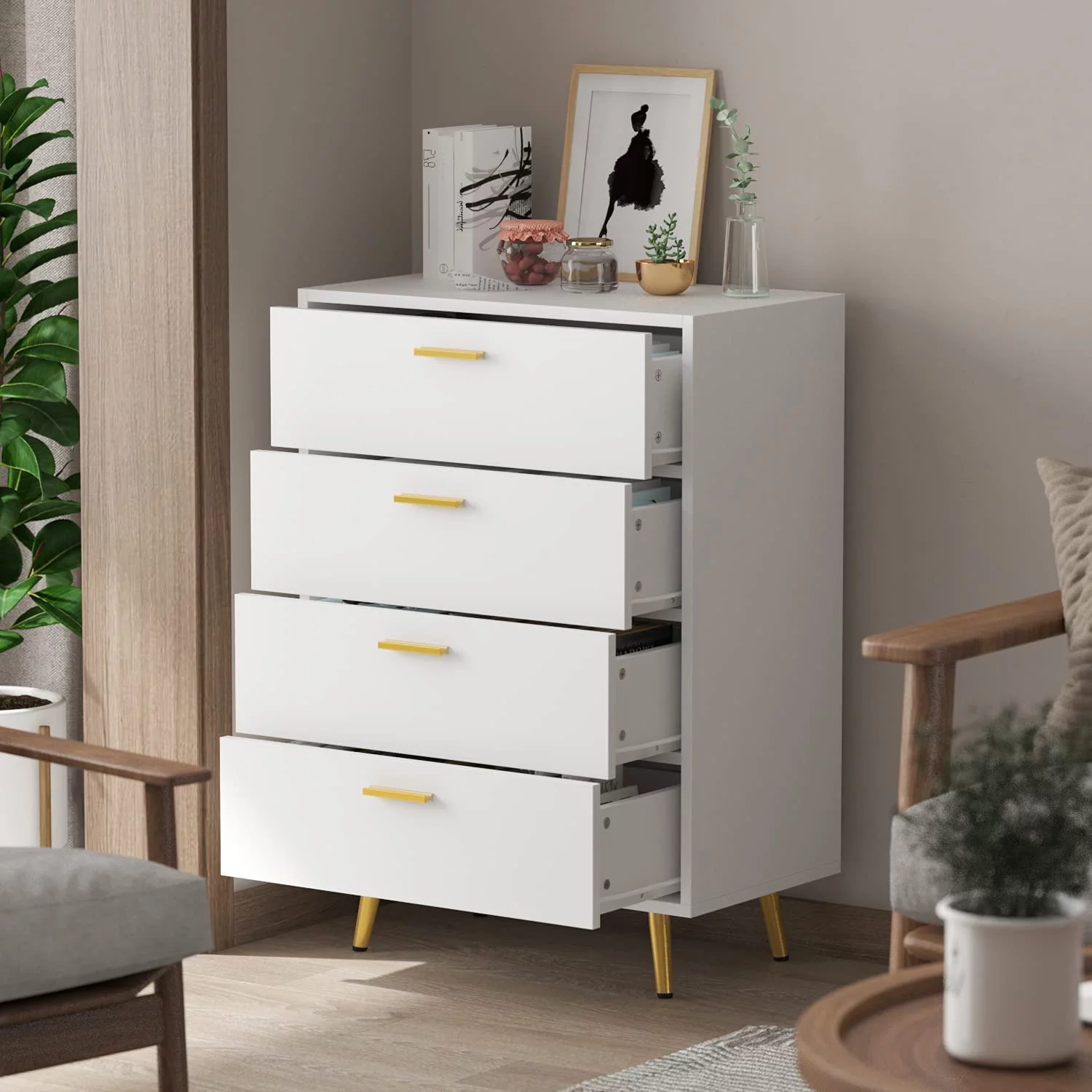 MQLIFEBOOM 4 Drawer Dresser  Chest of Drawers with Gold Metal Legs  Wood Dresser  Chest Drawers for Bedroom  Living Room  White (27.4" W x 15.6" D x 37.5" H)