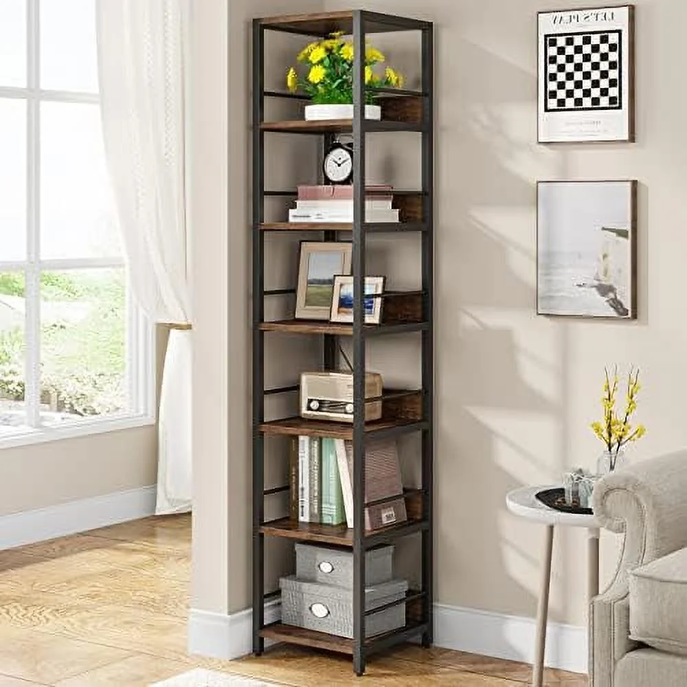 YPDCHB 6-Tier Corner   75 Inch Tall Narrow Bookshelf  Rack  Etagere Shelves Display Stand for Small Spaces  Rustic Open Bookcase Corner Square  Tower for Living Room