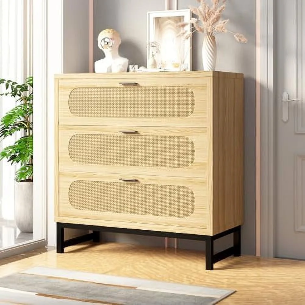 xrboomlife 3 Drawer Dresser for Bedroom  Rattan Dresser Modern Closet Dressers Chest of Drawers  Farmhouse Wood  Chest of Drawers for Closet  Living Room and Hallway Closet Nature