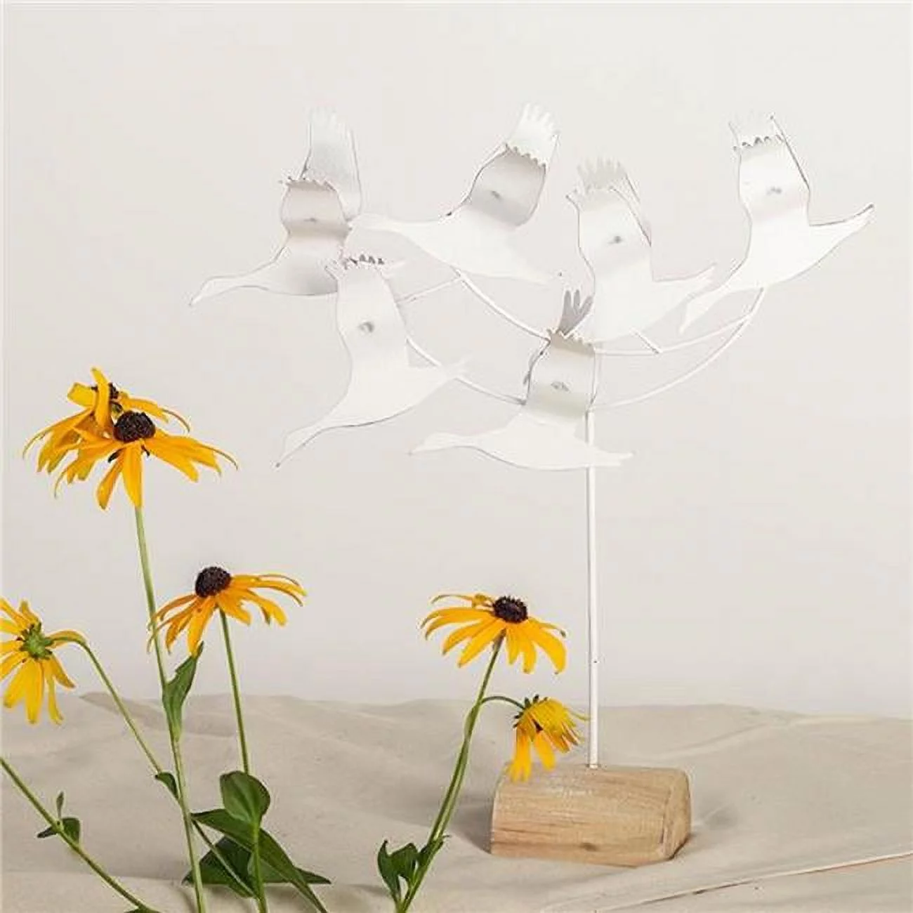 White Metal Flock of Geese on Wooden Stand Garden Statue