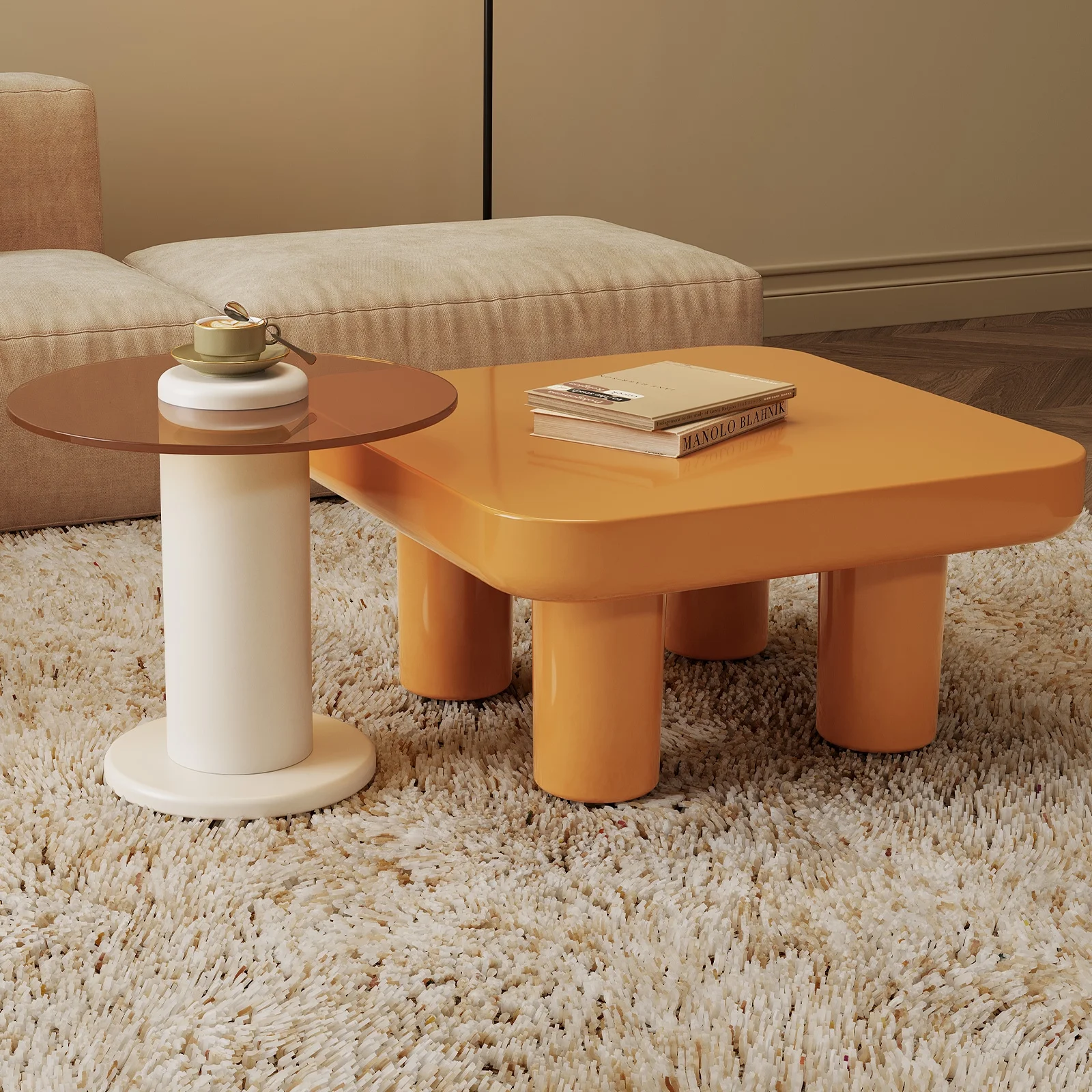 Guyii 2 Piece Coffee Table Set, Wood Coffee Table with Glass-Top Side Table for Living Room, Bedroom