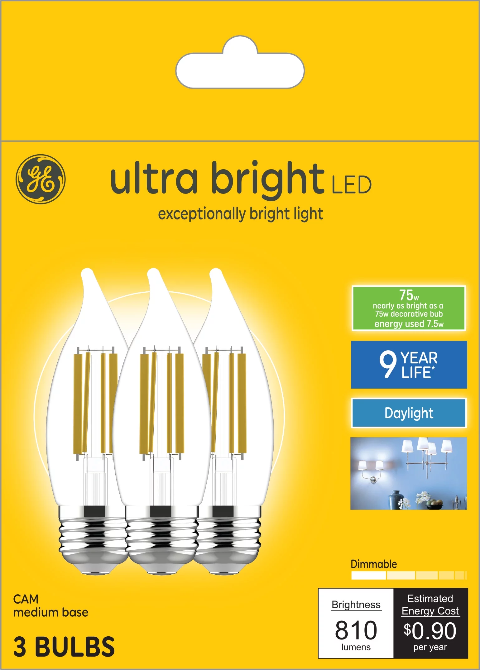 GE Ultra Bright LED Decorative Light Bulbs, Daylight, 75 Watt Eqv, Medium Base, 3pk