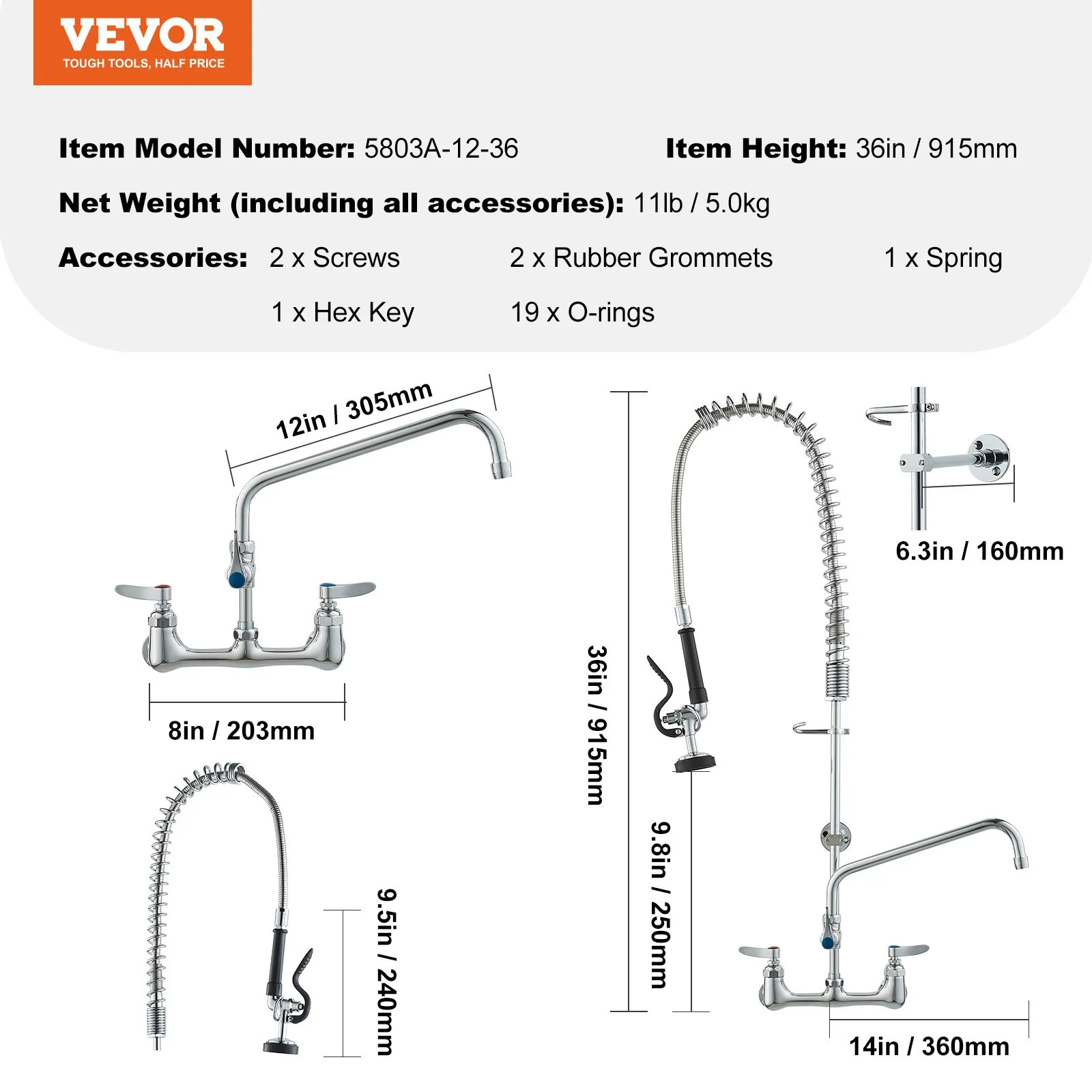 VEVOR Commercial Kitchen Faucet with Pre-Rinse Sprayer, 44-Inch Height, Wall Mount, 12-Inch Swing Spout, 8-Inch Center, Brass Construction, Pull Down Spray for 1/2/3 Compartment Sinks