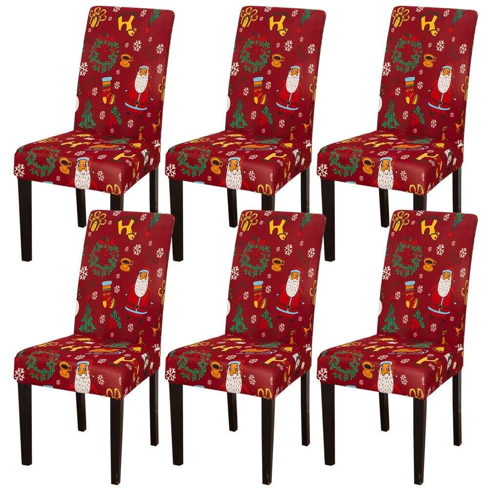 TOPCHANCES Christmas Chair Back Cover Set of 6, Santa Claus Slipcovers Kitchen Chair Cap Sets Xmas Decoration for Dinning Room Christmas Banquet Holiday Festival Decor