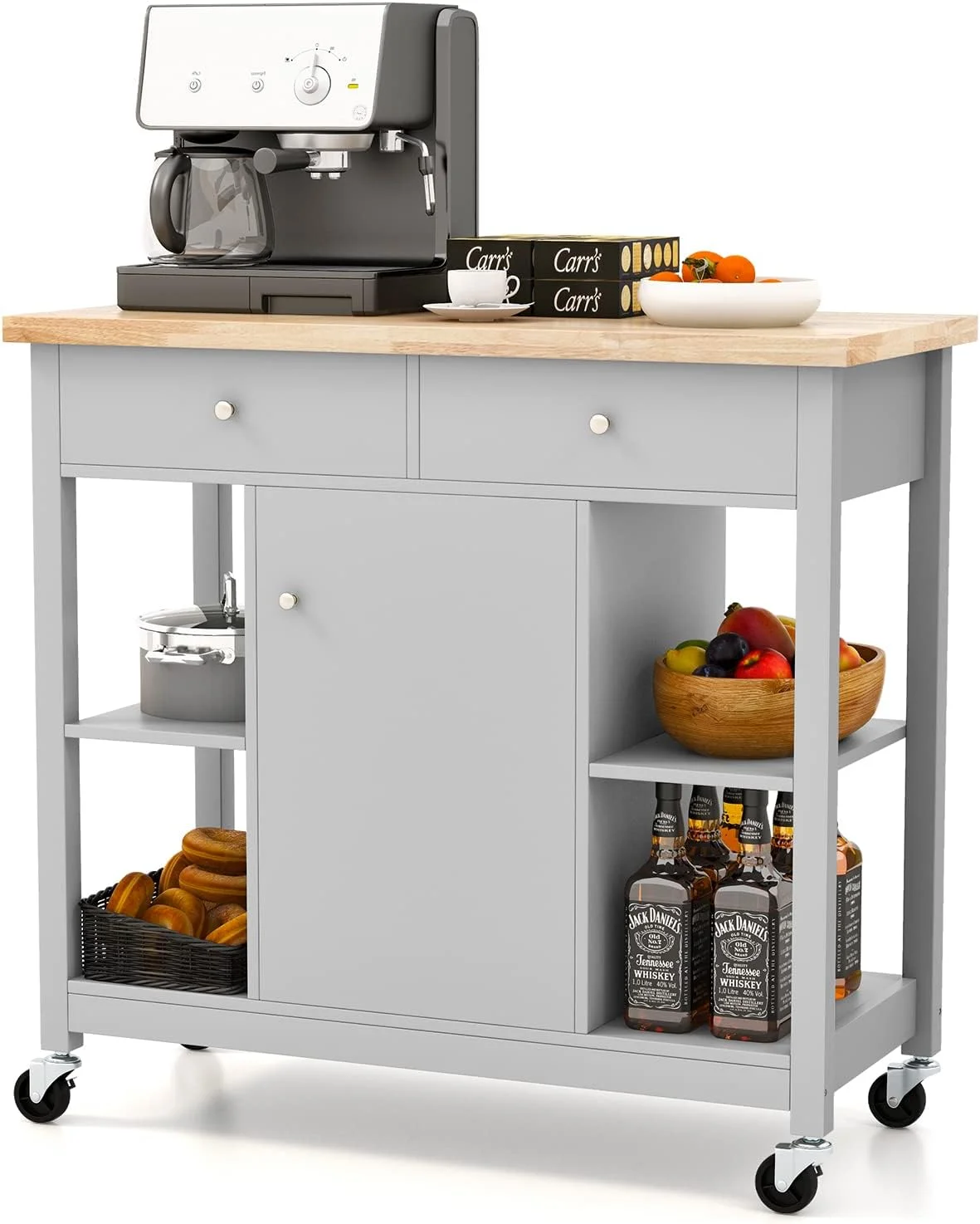TQJKLFDY Kitchen Island on Wheels  Rolling Kitchen Serving Cart with 2 Drawers  4 Open Shelves & Adjustable   3-Tier Kitchen Cart with Rubber Wood Top for Home Kitchen & Coffee