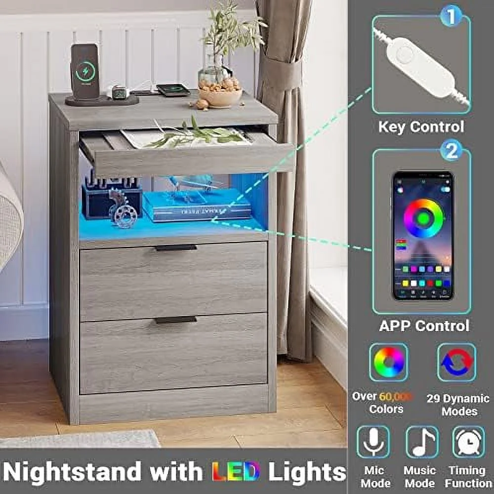 NLIBOOMLife Black Nightstand with LED Lights and Charging Station  LED Bedside Table with Open   2 Drawers  1 Pull-Out Tray  End Table.
