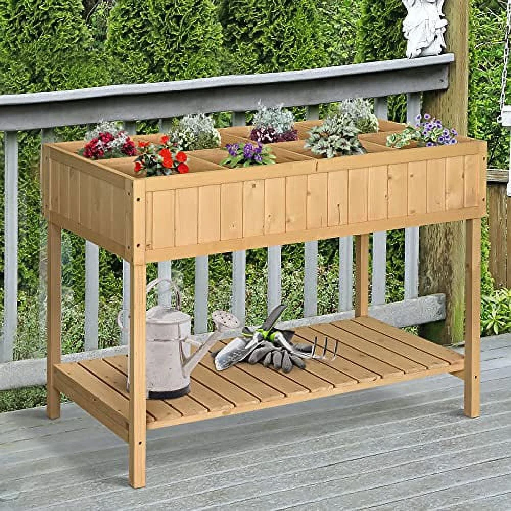 Outsunny Wooden Raised Garden Bed with 8 Slots, Elevated Planter Box Stand with Open Shelf for Limited Garden Space to Grow Herbs, Vegetables, and Flowers, Natural