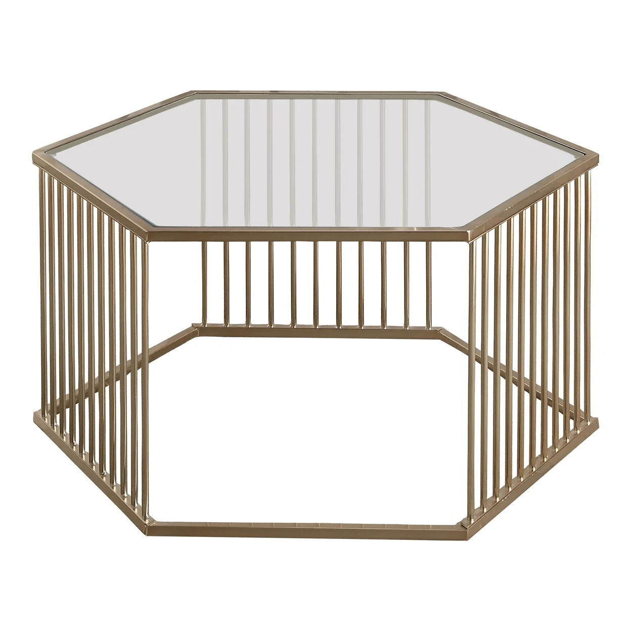 Mirrored Top Hexagon Coffee Table With Vertical Line Metal Base Champagne and Clear - Saltoro Sherpi