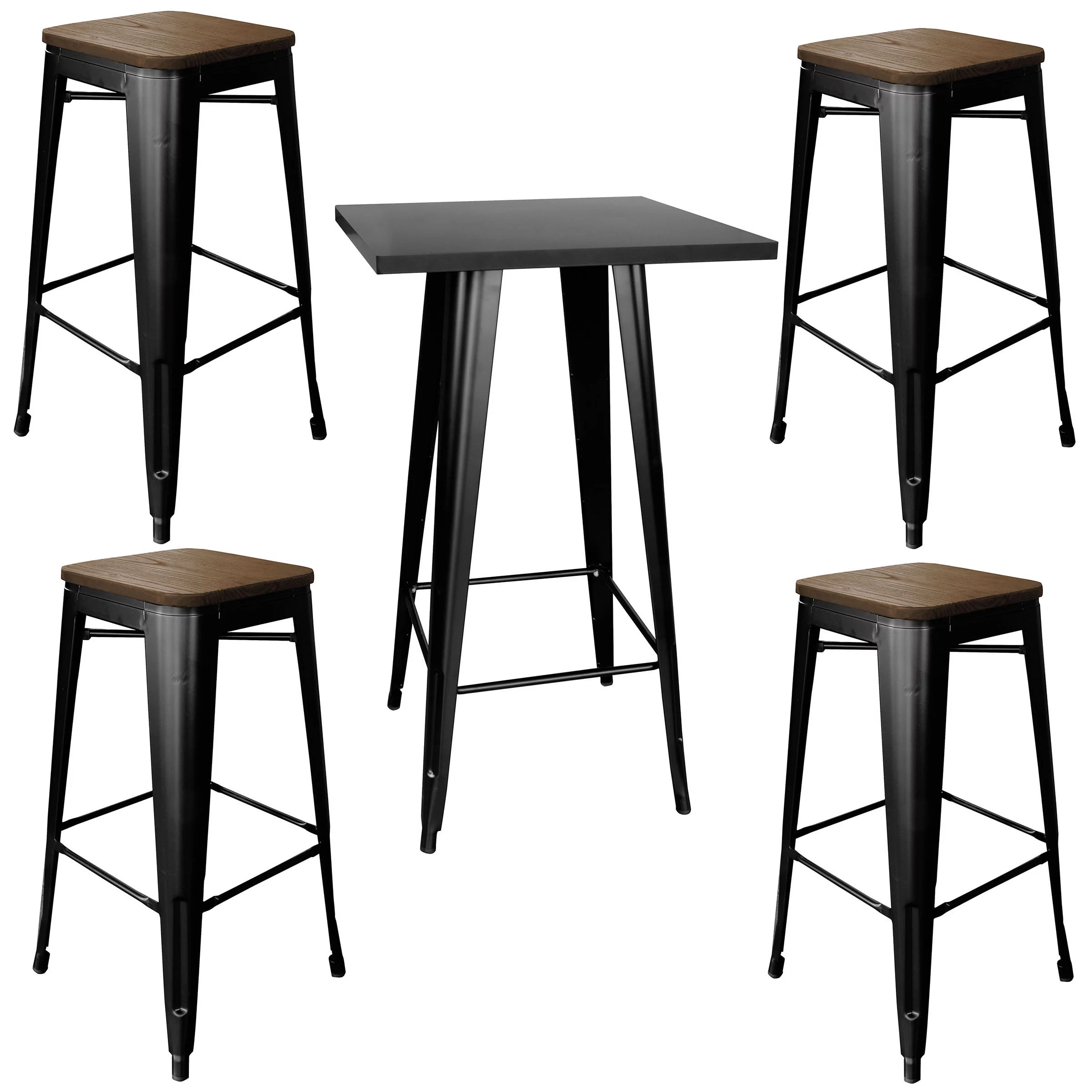 AmeriHome Black Metal Top Pub Height Table Seating 4 Dark Elm Wood Top Backless Black Bar Stools