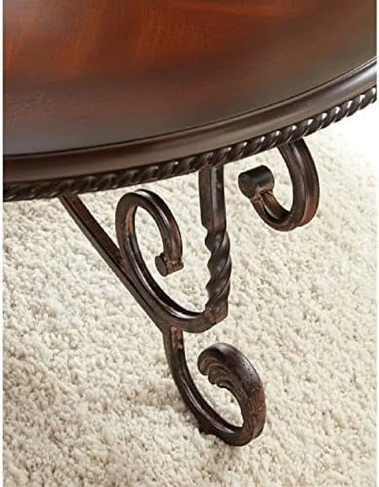 Traditional Round Wood End Table, Metal Base With Solid Wood Top, Cherry Finish