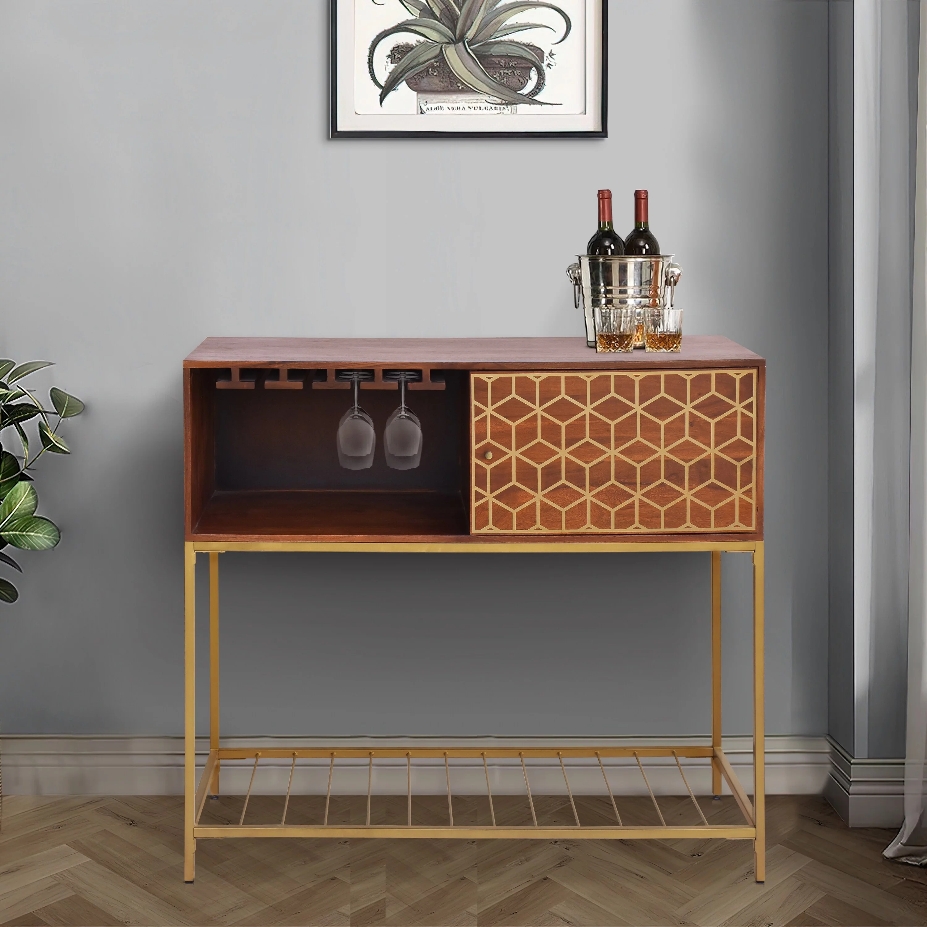 Kalyn 48 Inch Acacia Wood Bar Cabinet, 1 Door, Metal Frame, Geometric Screen Print, Brown, Brass