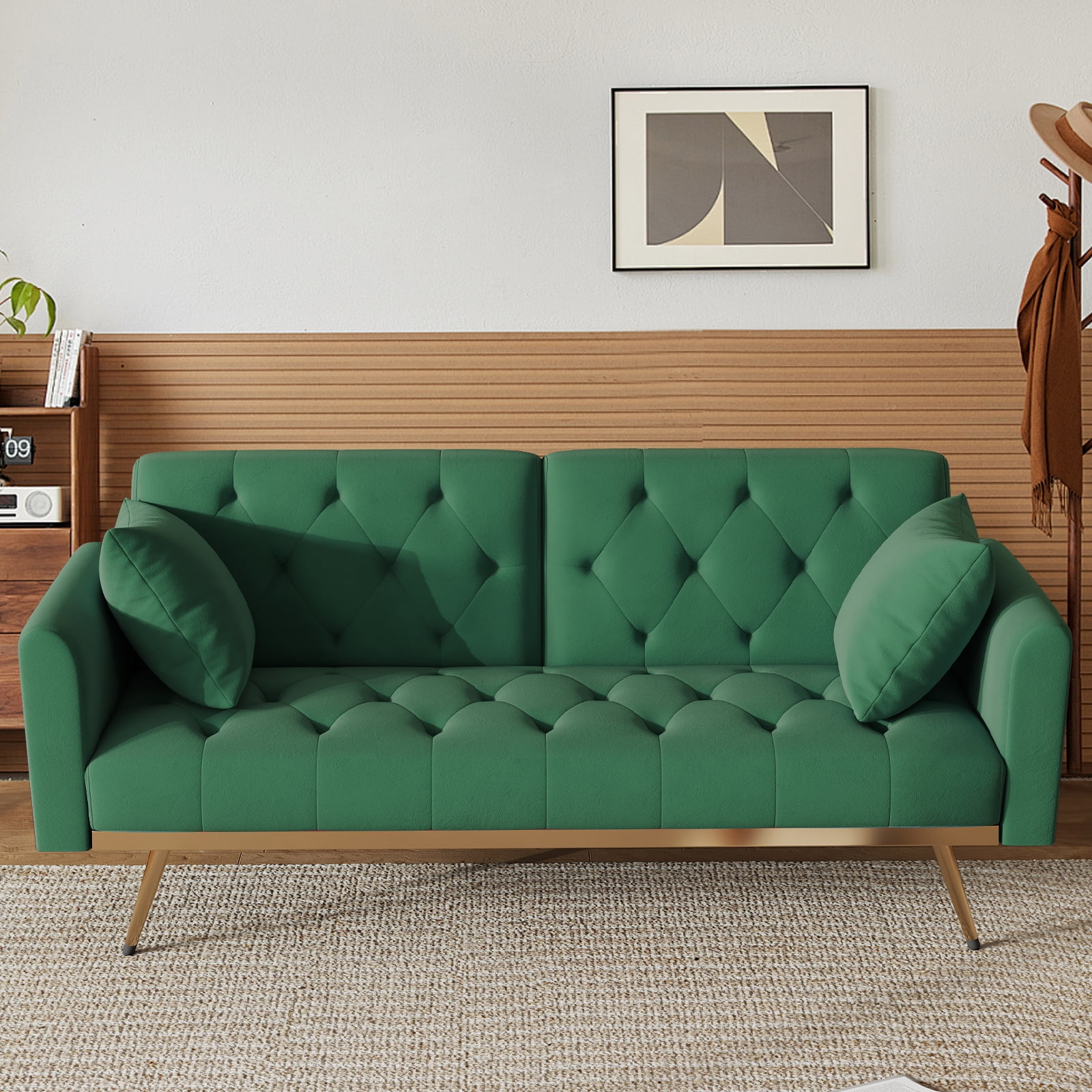 JUSTLET Loveseat Velvet Sofa Couch, Sofa Bed Velvet Convertible Sleeper Sofa with Throw Pillow, 2 Seater Couch for Living Room, Bedroom, Apartment, Office, Green