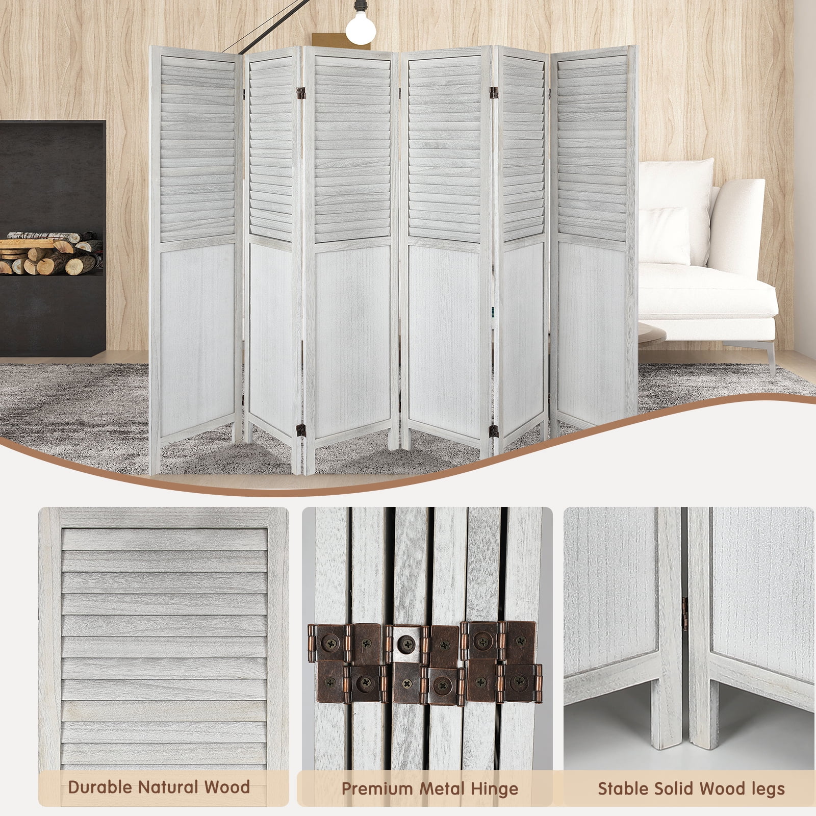 Fionafurn 6 Panel Room Divider with Chalkboard Panels Folding Partition Room Privacy Screen Fully Assembled, Natural